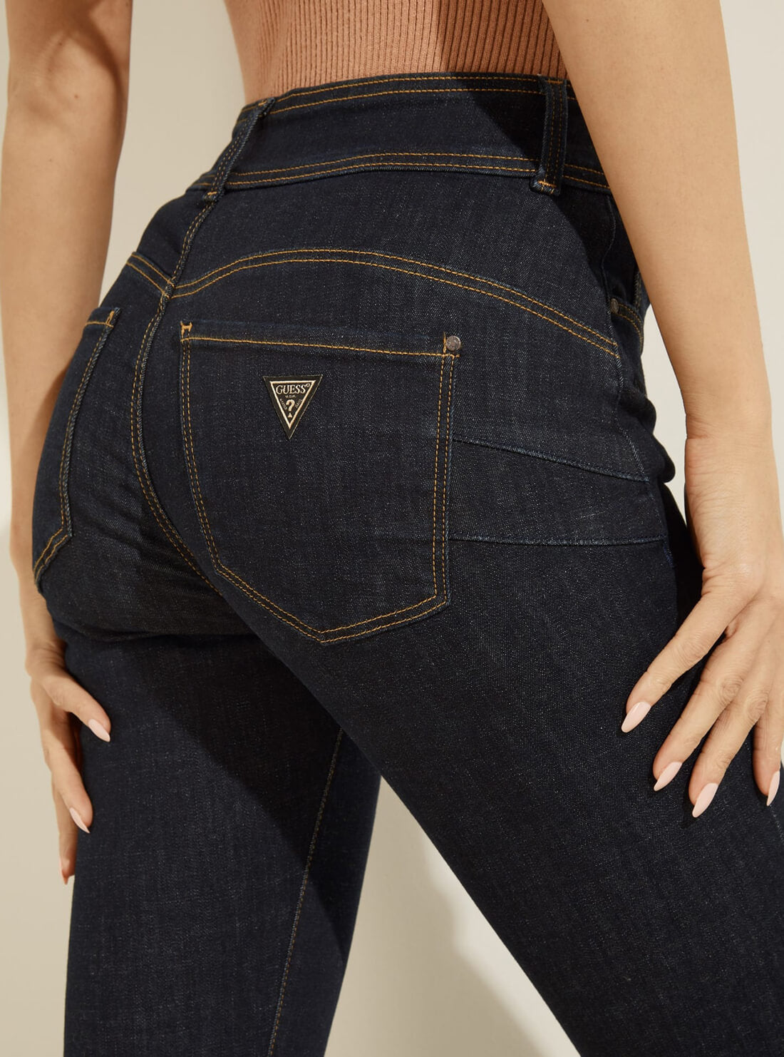 GUESS Womens Eco High-Rise Skinny Shape Up Denim Jeans in Dark Guitar Wash W1BA34D4HG4 Detail View