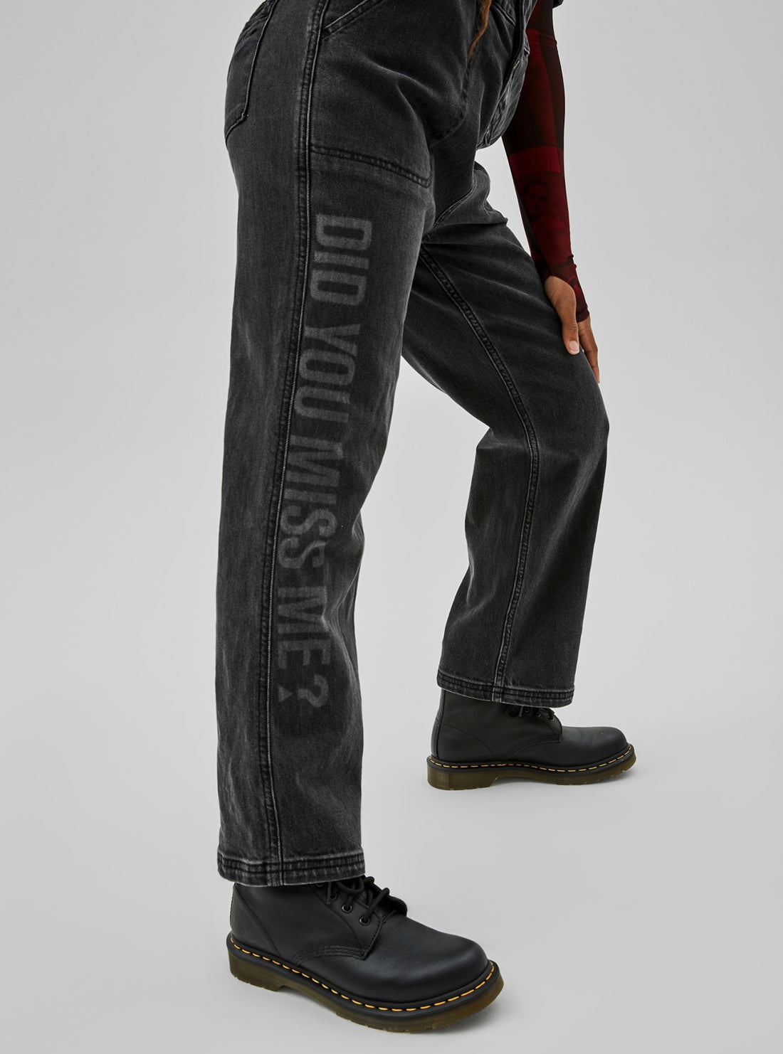 GUESS Womens GUESS Originals x Anna Nicole Smith Nina Denim Jumpsuit in Black Wash W1BG04D49T3 Leg Detail View