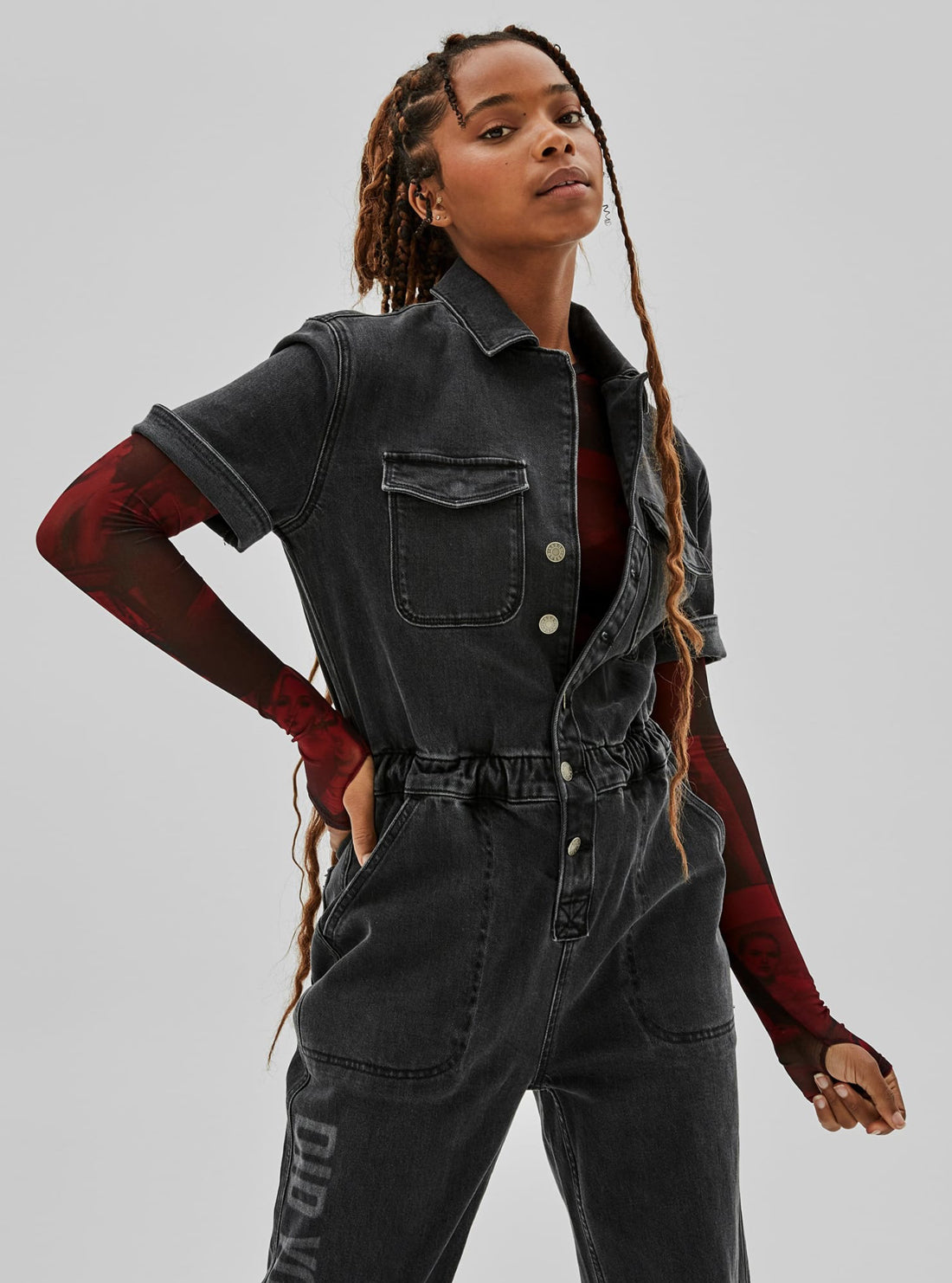 GUESS Womens GUESS Originals x Anna Nicole Smith Nina Denim Jumpsuit in Black Wash W1BG04D49T3 Side View