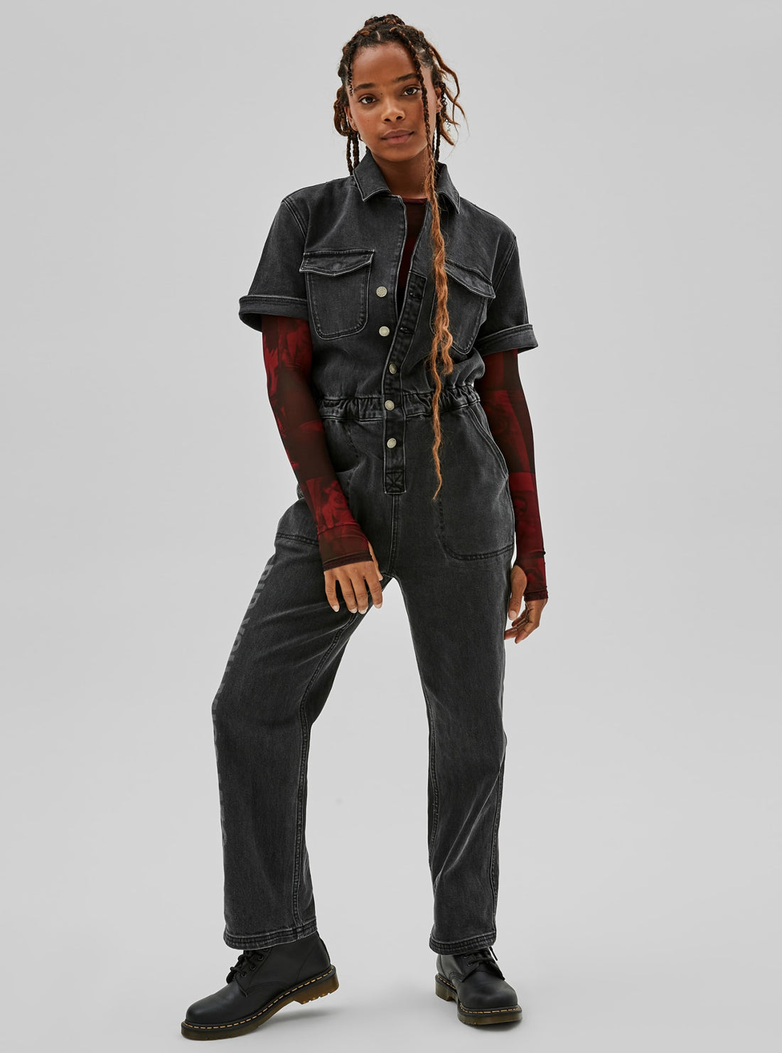 GUESS Womens GUESS Originals x Anna Nicole Smith Nina Denim Jumpsuit in Black Wash W1BG04D49T3 Full Front View
