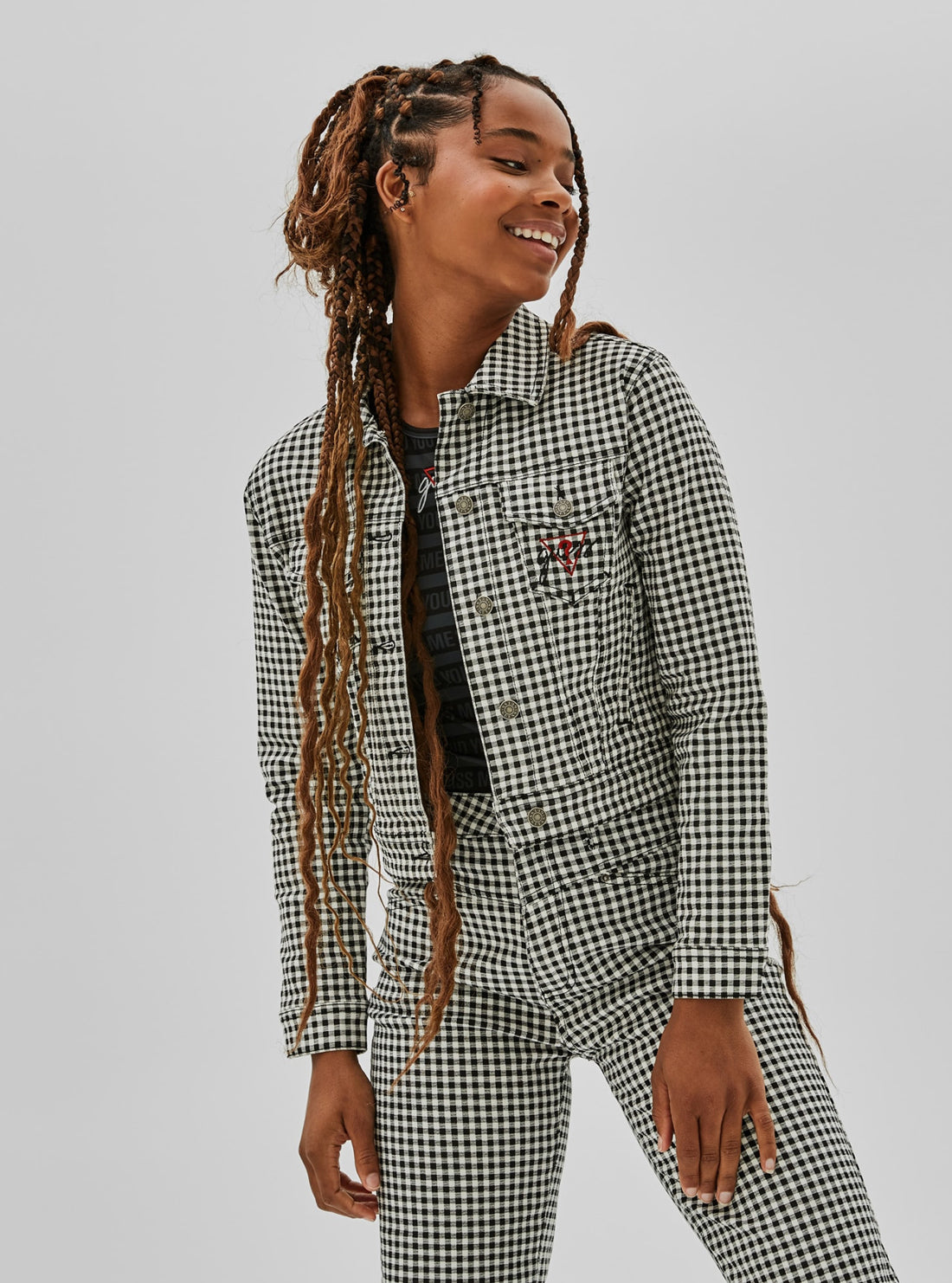 GUESS Womens  GUESS Originals x Anna Nicole Smith Gingham Denim Jacket W1BGJ2FRIE1 Model Front View