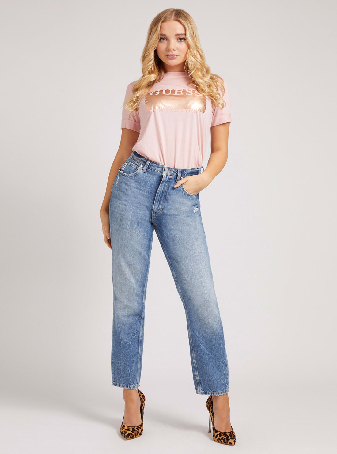 GUESS Womens Pink Logo Jone T-Shirt W1BI04K46D1 Full View