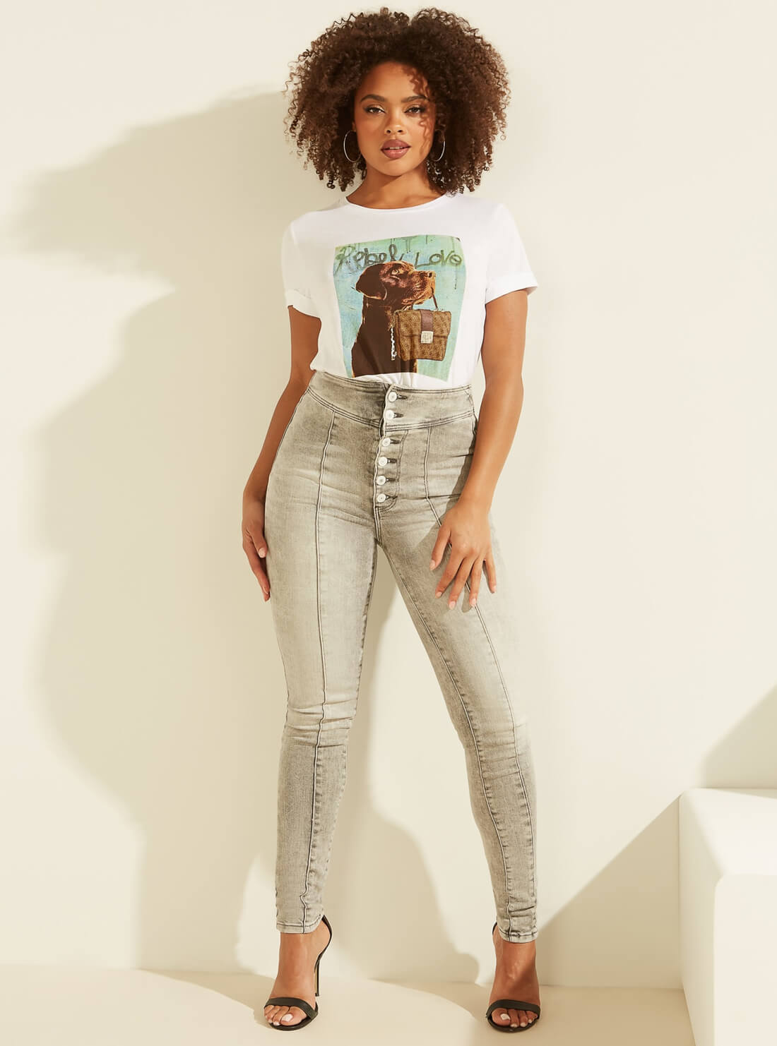 GUESS Womens Dog And Purse Graphic T-Shirt W1BI24K9SN1 Full View