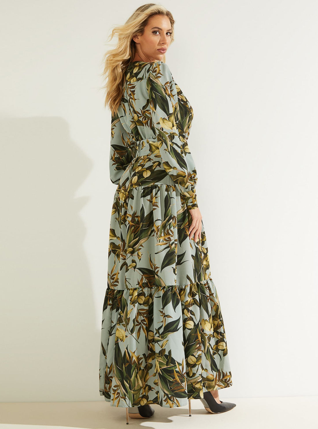 GUESS Womens Leaf Print Evelyn Maxi Dress W1BK11WDEK2 Back View