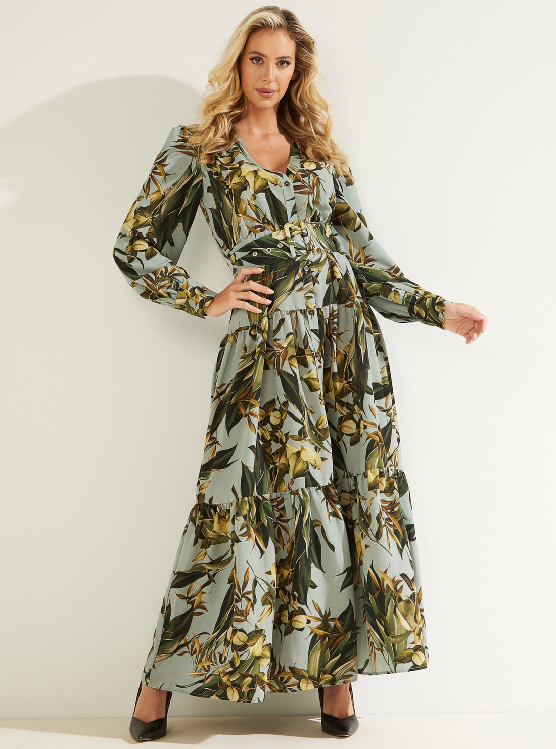 GUESS Womens Leaf Print Evelyn Maxi Dress W1BK11WDEK2 Full View