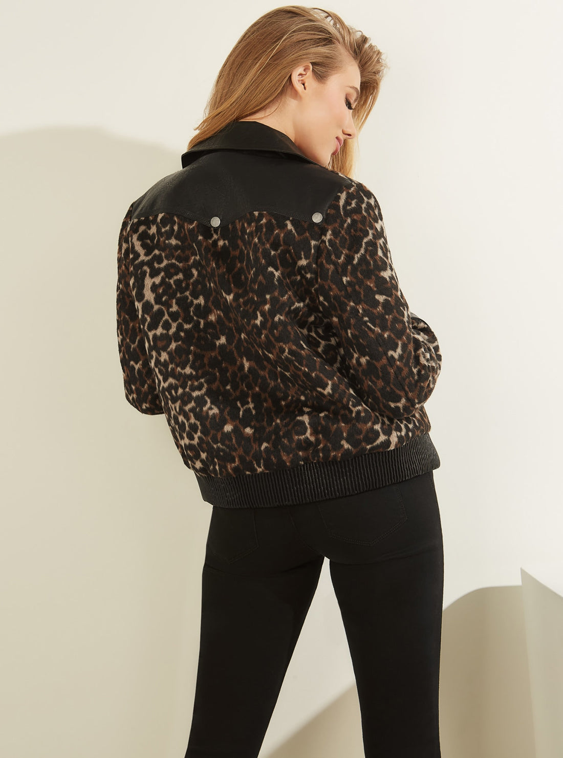 GUESS Womens Leopard Print Annachiara Moto Jacket W1BL04WE450 Back View
