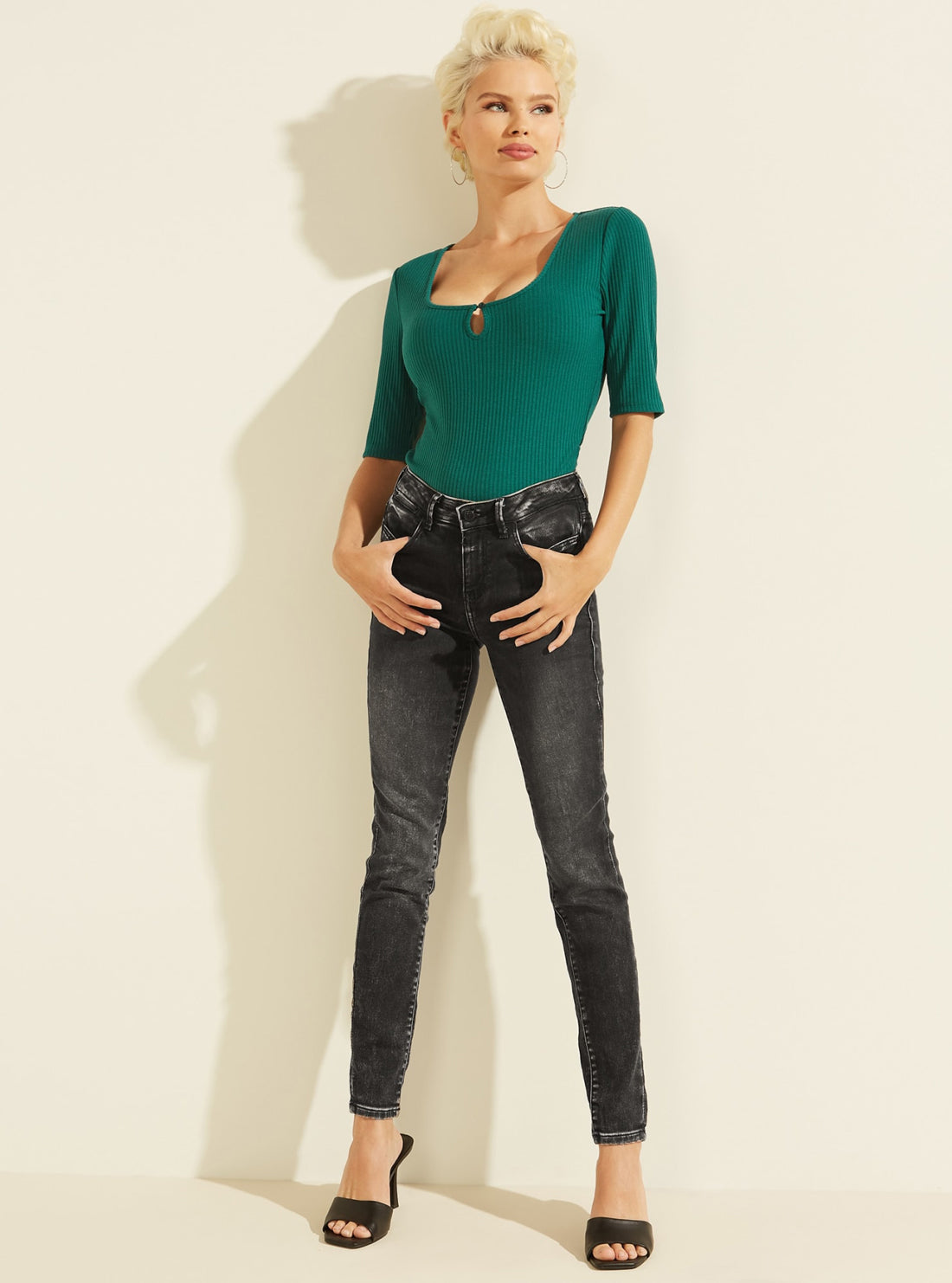 GUESS Womens Eco Green Eco Serena Ribbed Top  W1BP36K9UO0 Full View