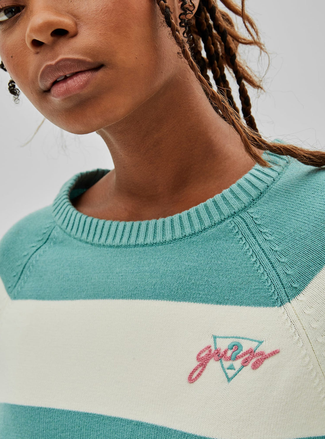 GUESS Womens GUESS Originals x Anna Nicole Smith Teal Stripe Pia Raglan Jumper W1BR18Z2K30 Detail View