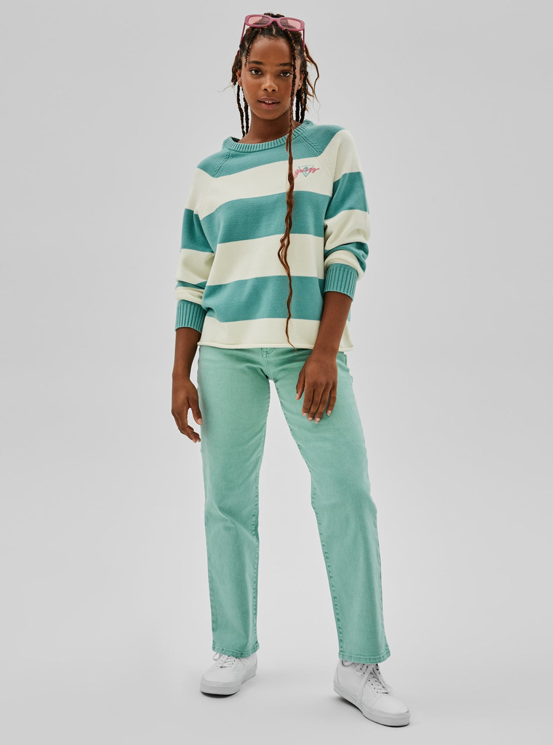 GUESS Womens GUESS Originals x Anna Nicole Smith Teal Stripe Pia Raglan Jumper W1BR18Z2K30 Full View