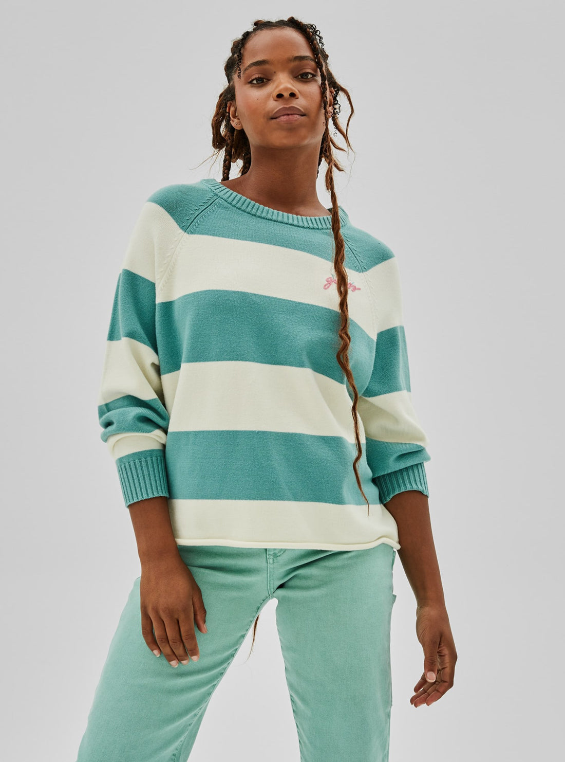 GUESS Womens GUESS Originals x Anna Nicole Smith Teal Stripe Pia Raglan Jumper W1BR18Z2K30 Front Model View