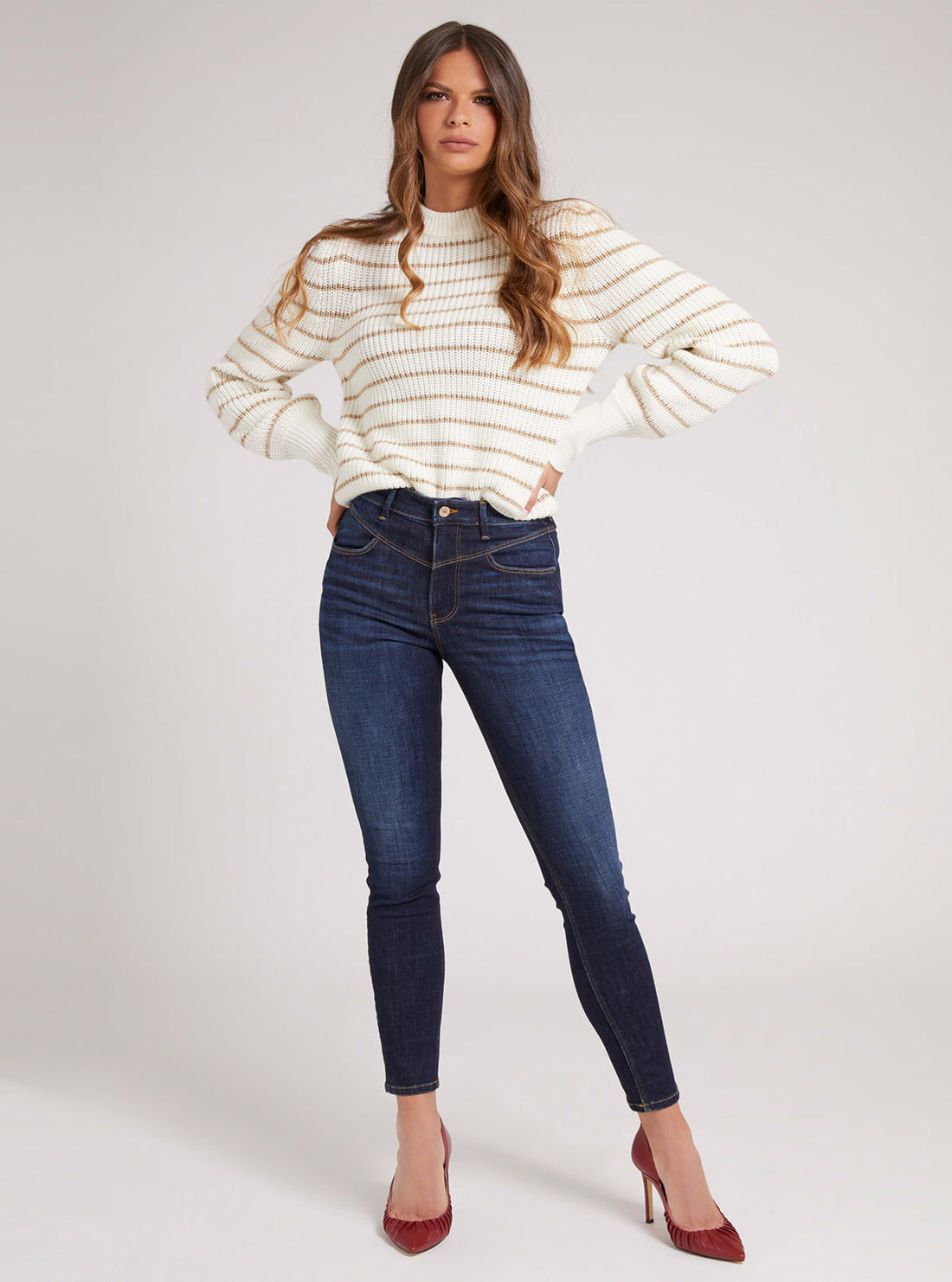 GUESS Womens Cream Gold Stripe Helen Sweater Top W1BR36Z2X40 Full View