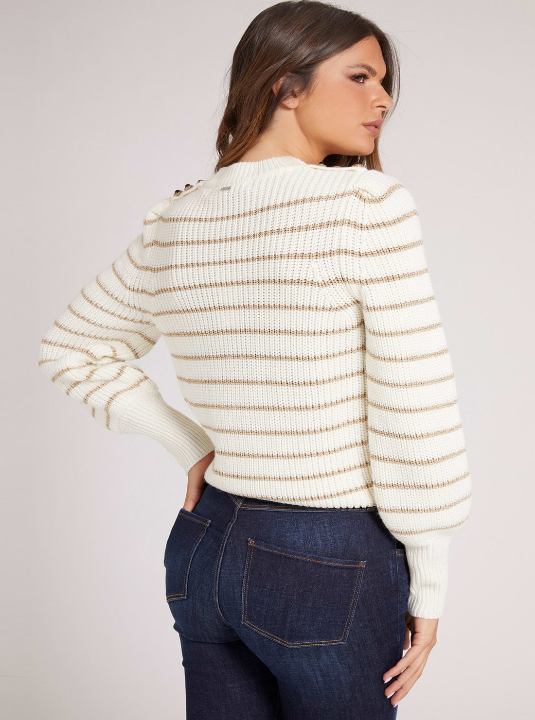 GUESS Womens Cream Gold Stripe Helen Sweater Top W1BR36Z2X40 Back View
