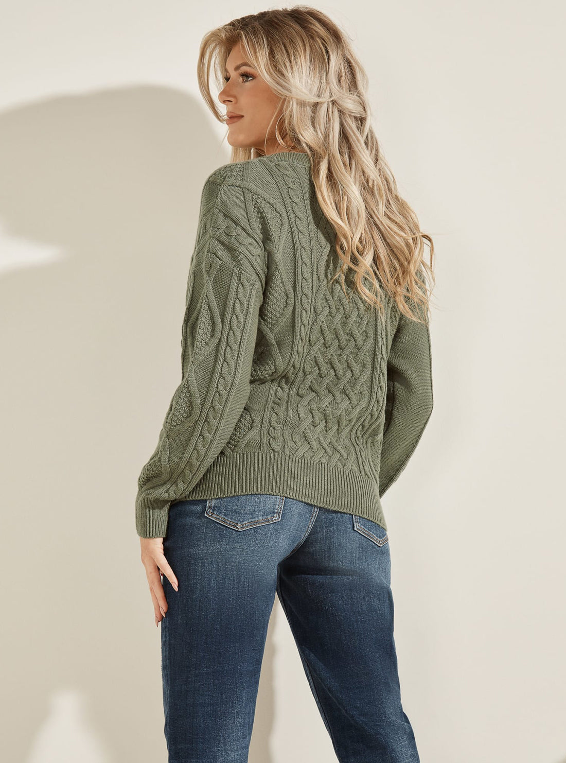 GUESS Womens Khaki Green Noemi Cable Knit Sweater Top W1BR50Z2QA0 Back View