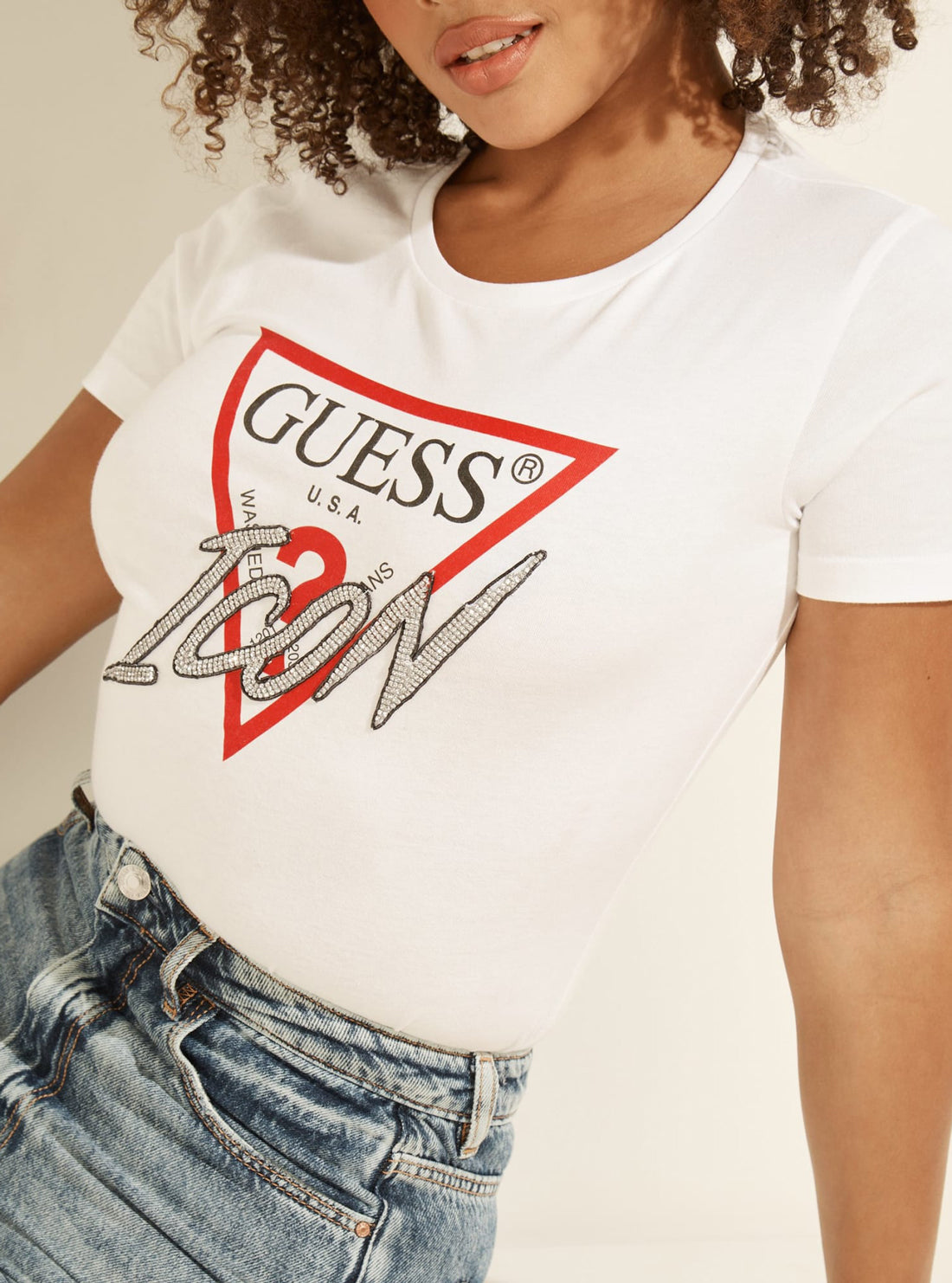 GUESS Womens White Rhinestone Icon T-Shirt W1YI0YI3Z00 Detail View