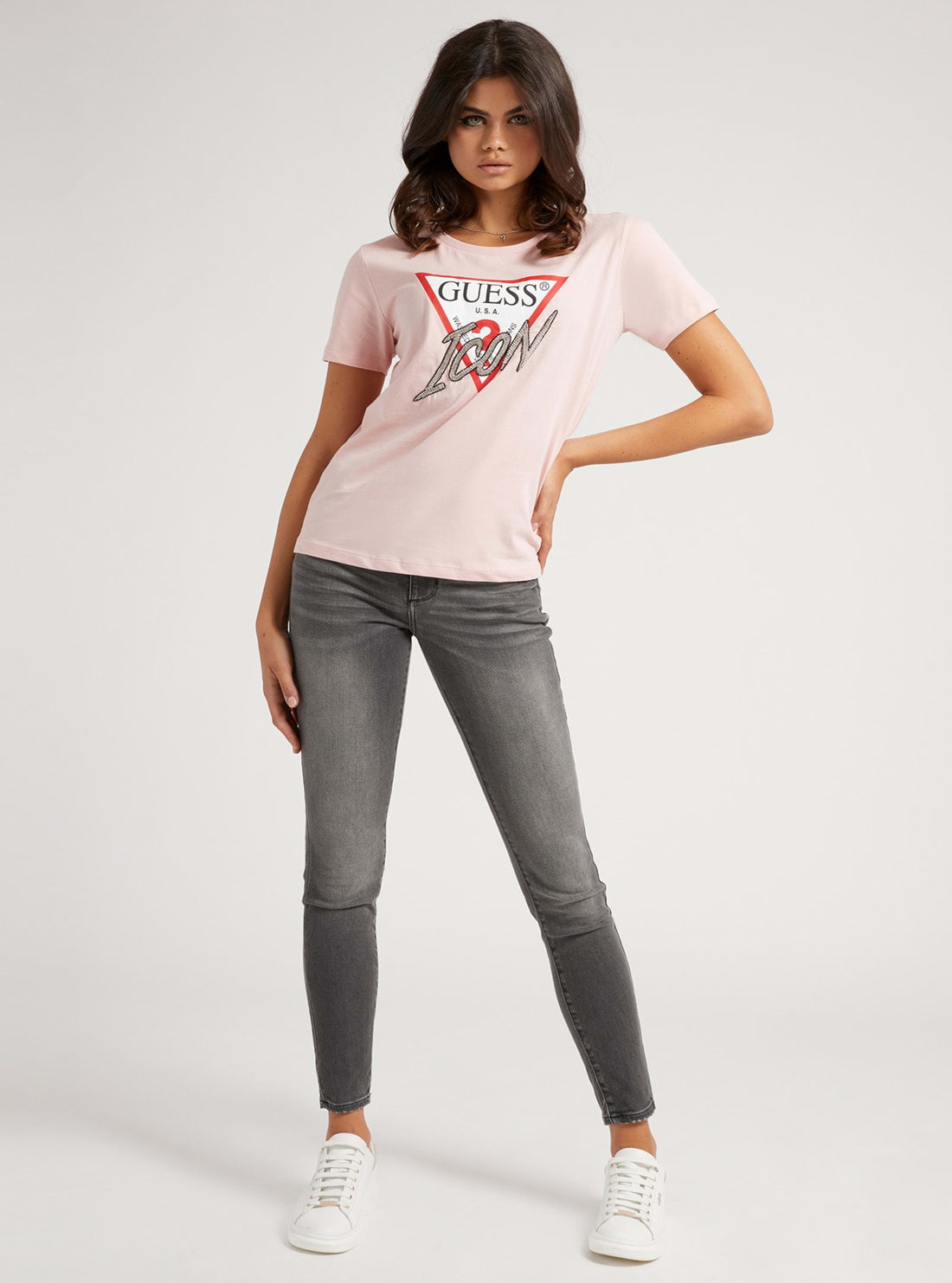 GUESS Womens Light Pink Rhinestone Icon T-Shirt W1YI0YI3Z00 Full View
