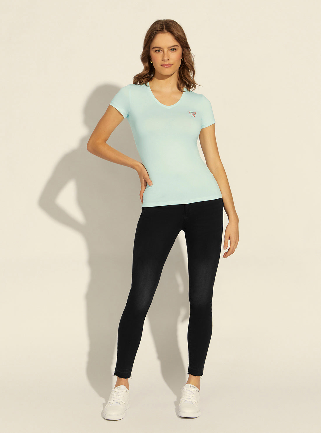 GUESS Womens Mint Green V-Neck Logo T-Shirt W1YI1AJ131 Full View