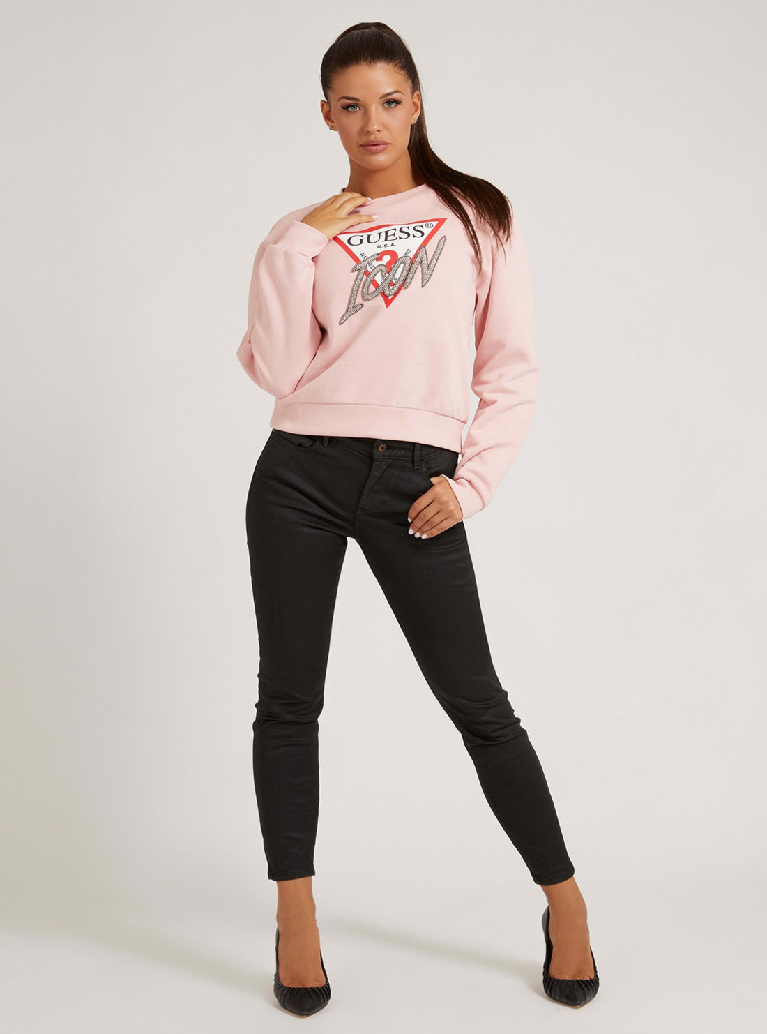GUESS Womens Pink Icon Fleece Jumper W1YQ0CK68I0 Full View