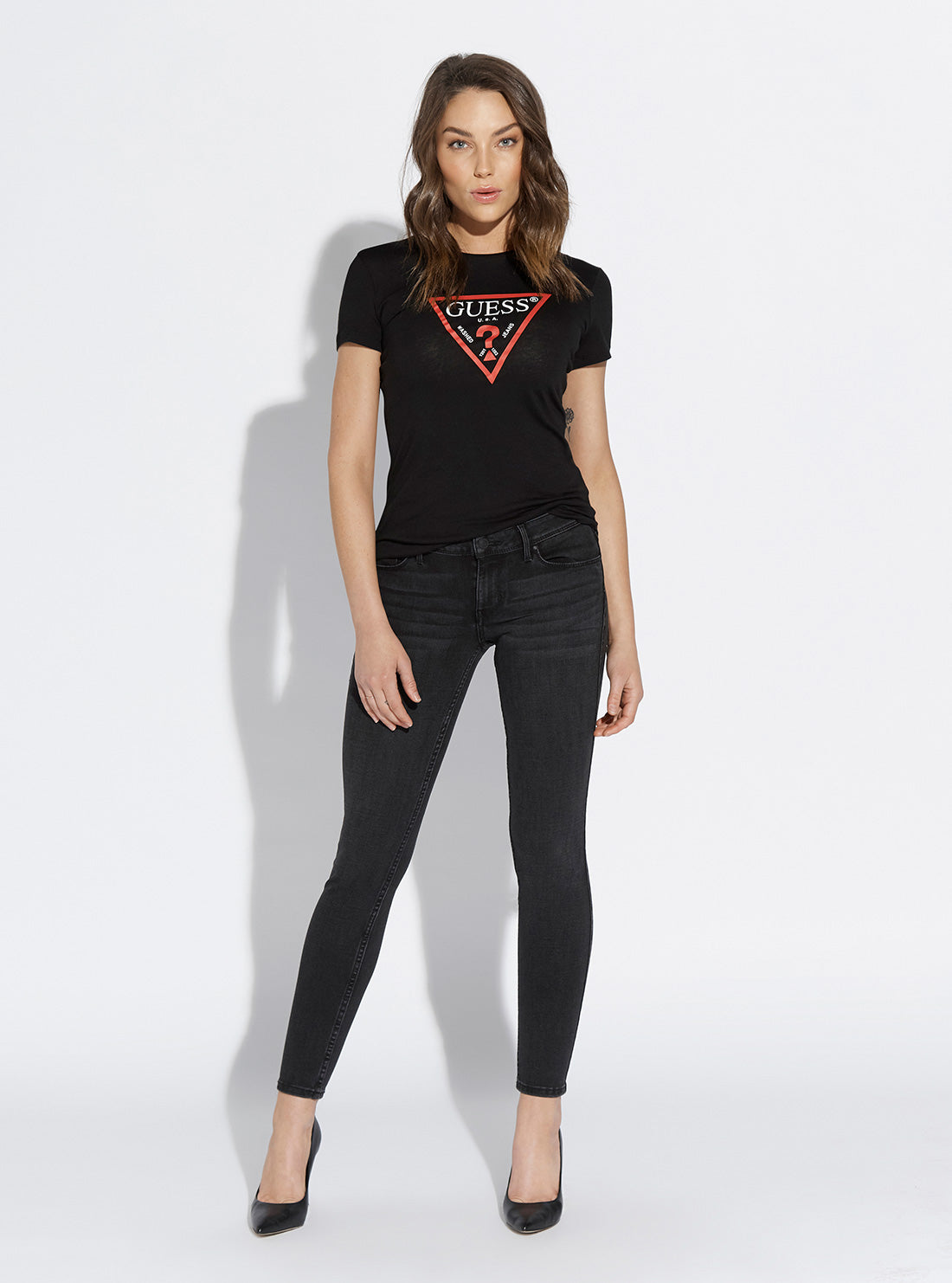 GUESS Womens Black T-Shirt with Triangle Logo Print W92I82K7WA0 Full View