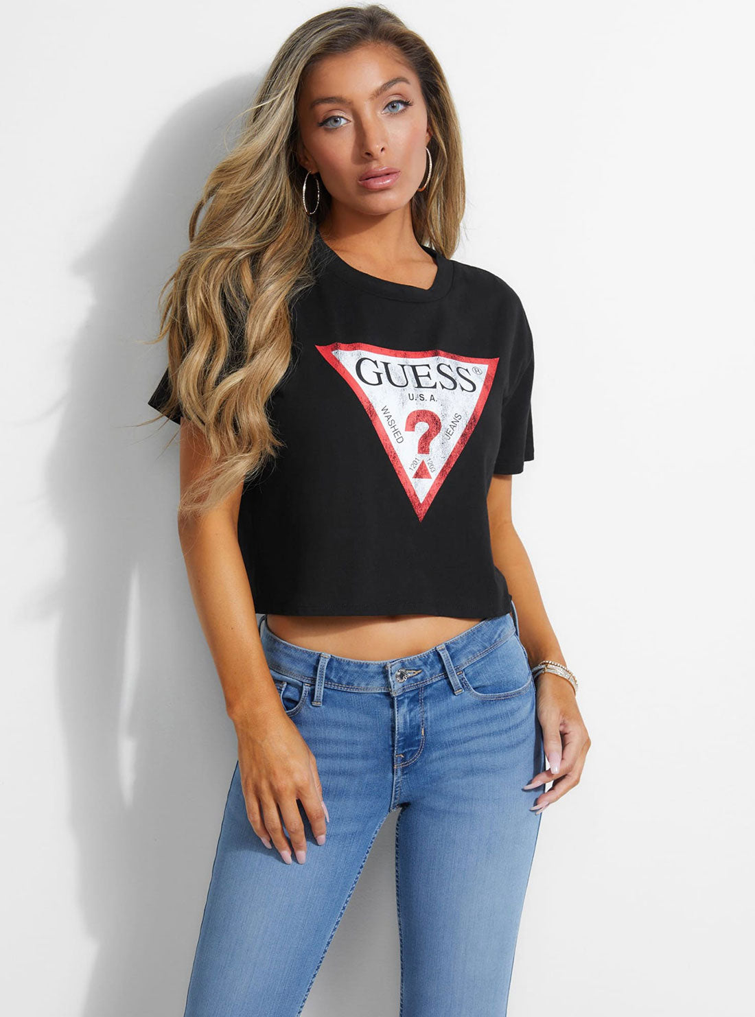 GUESS Womens Eco Black Cropped Logo T-Shirt W93I0PR91U0 Model Front View