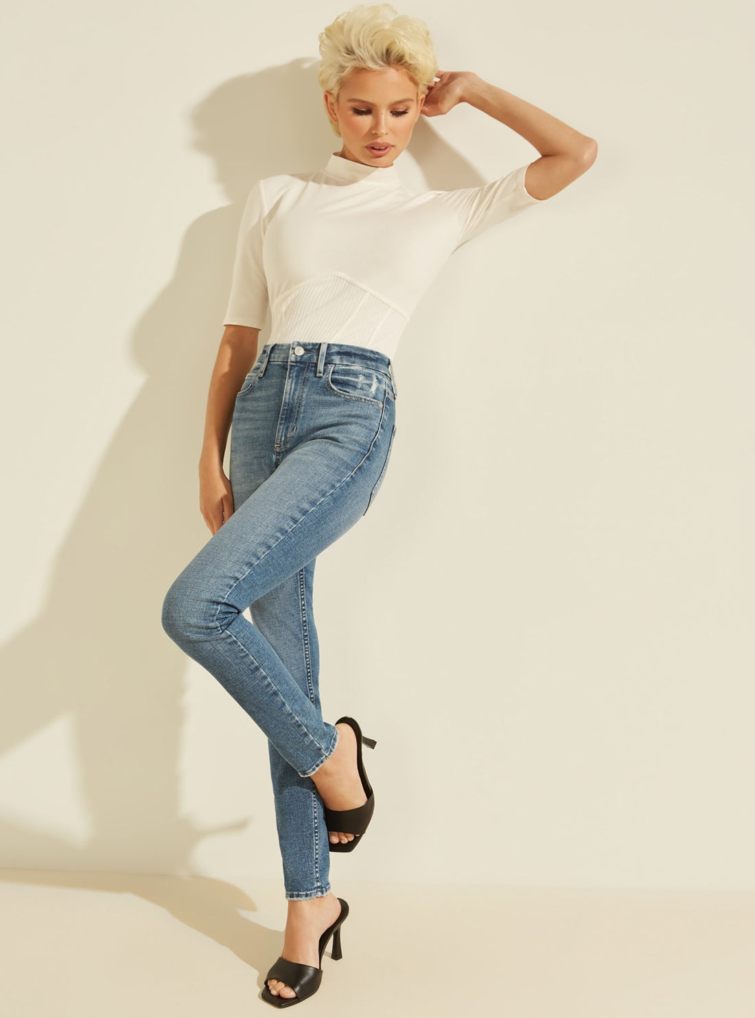 GUESS Womens Eco Super High-Rise Icon Skinny Denim Jeans in Zypher Cover Wash WBBAB5D4LT0 Full view
