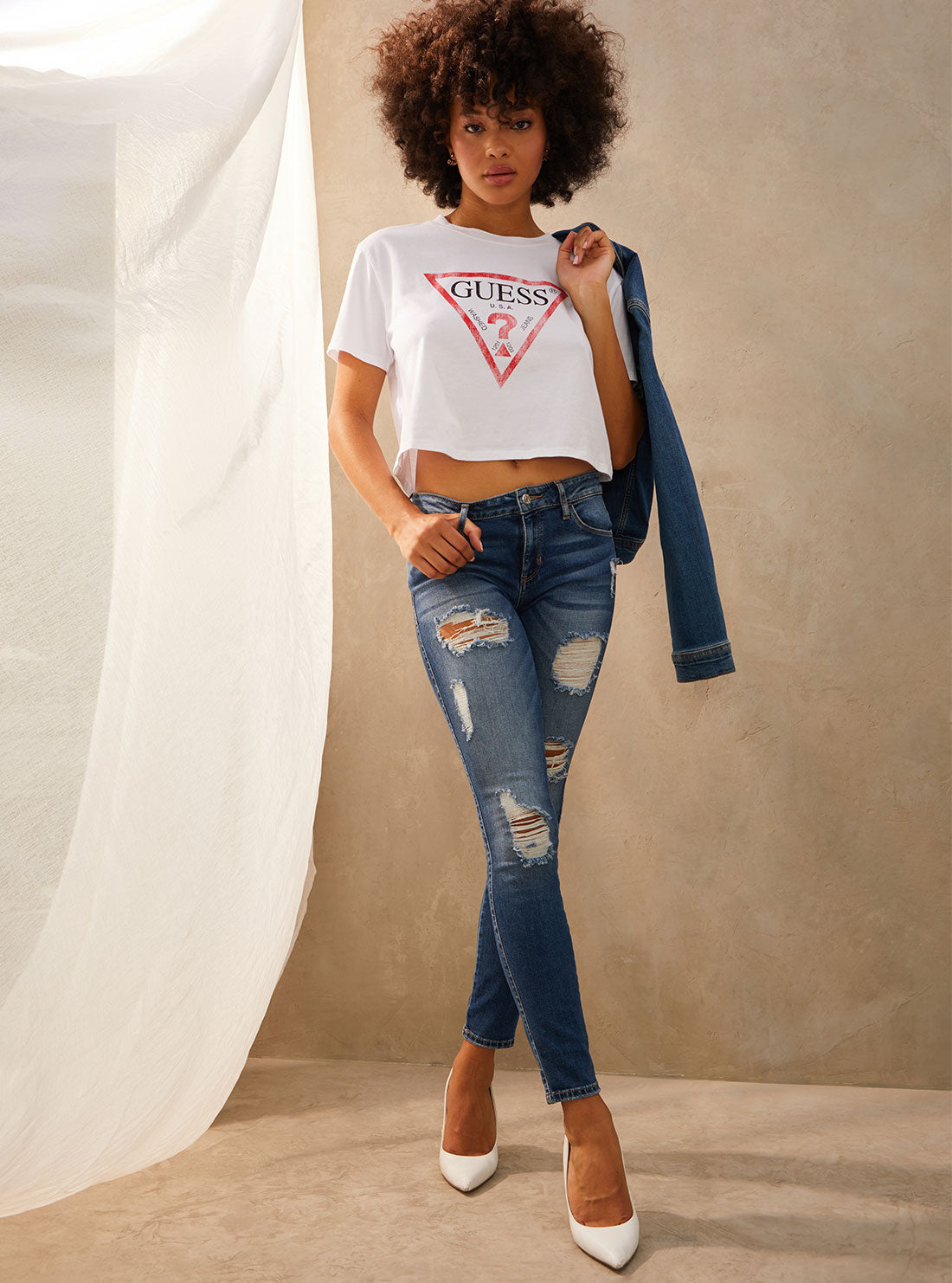 GUESS Womens Eco White Cropped Logo T-Shirt W93I0PR91U0 Full View