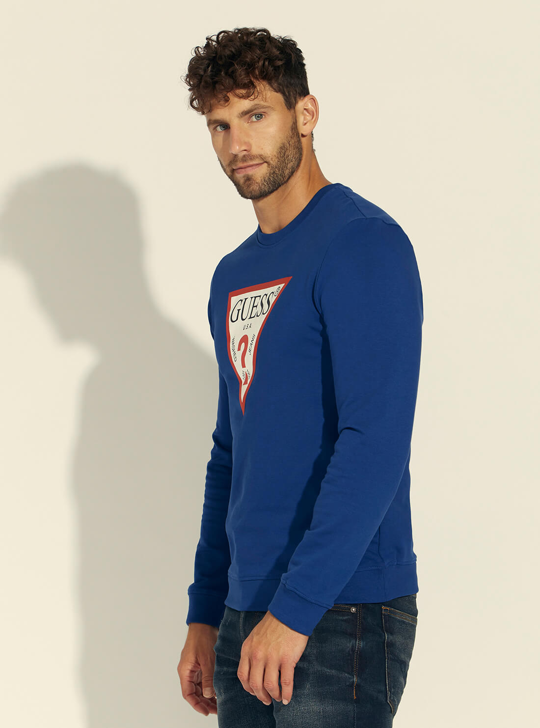 GUESS Mens Dark Blue Audley Fleece Jumper M1RQ37K6ZS1 Side View