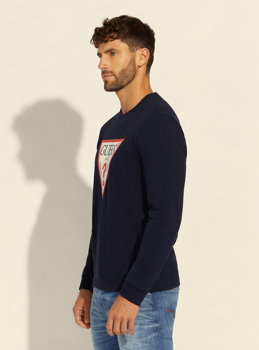 GUESS Mens Deep Navy Audley Fleece Jumper M1RQ37K6ZS1 Side View
