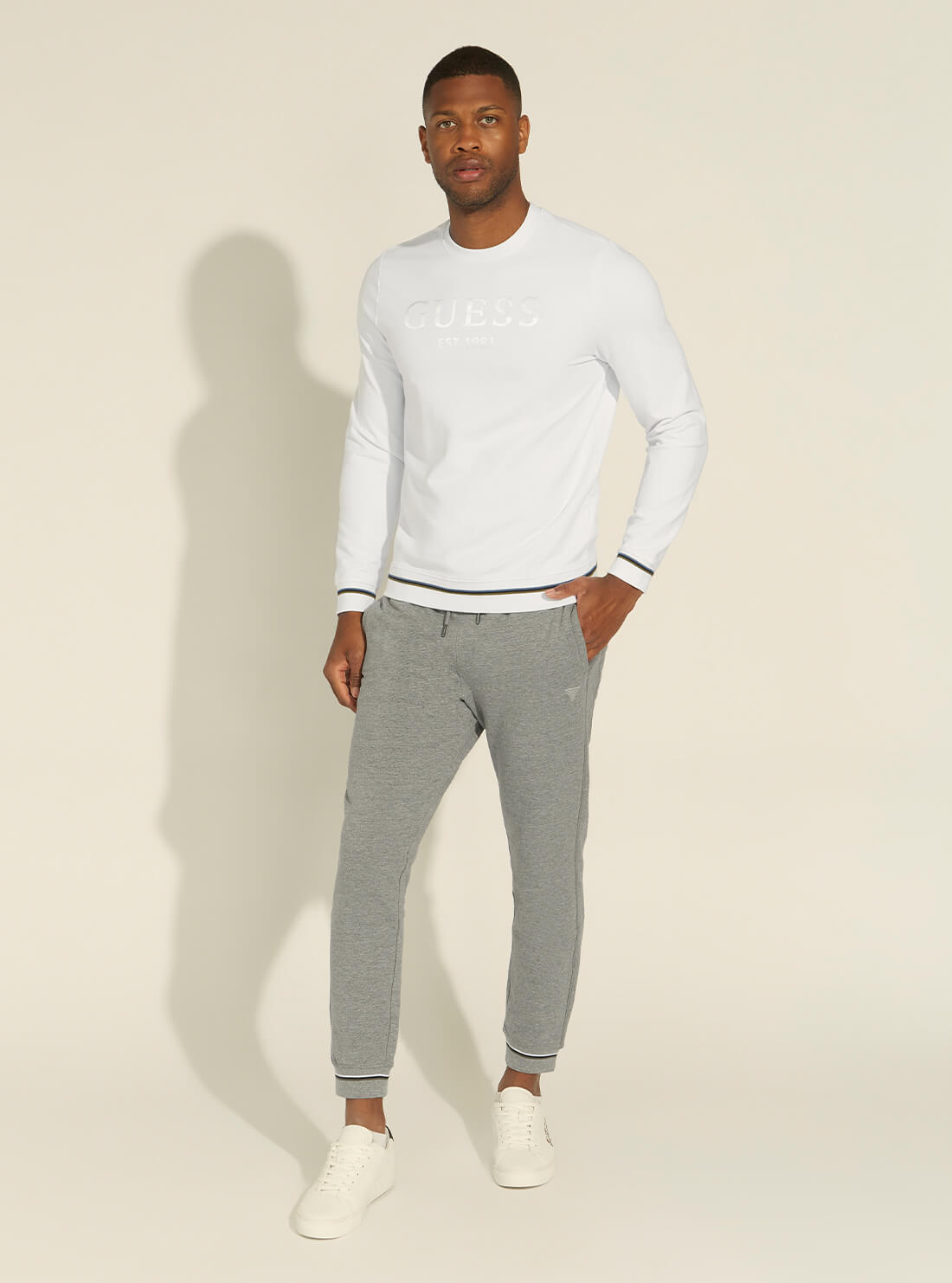 GUESS Mens White Beau Active Fleece Sweatshirt M1YQ08K6ZS1 Full View