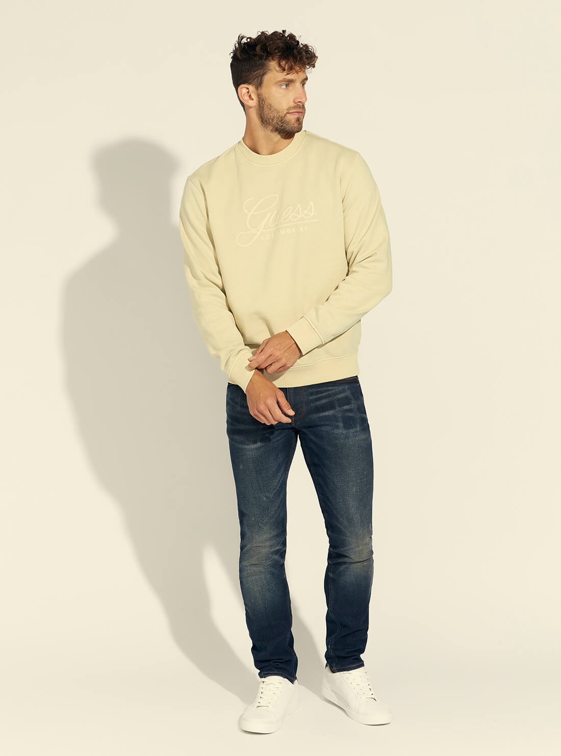 GUESS Mens Cream Melvyn Fleece Jumper M1BQ10K9W01 Model Full View