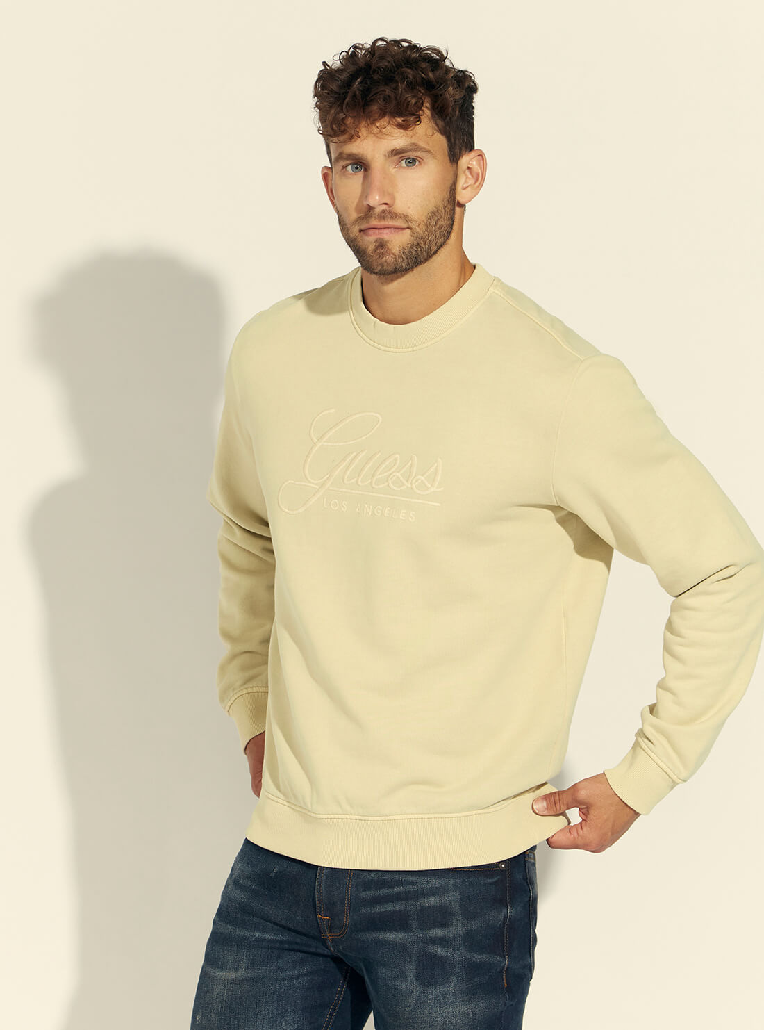 GUESS Mens Cream Melvyn Fleece Jumper M1BQ10K9W01 Model Side View