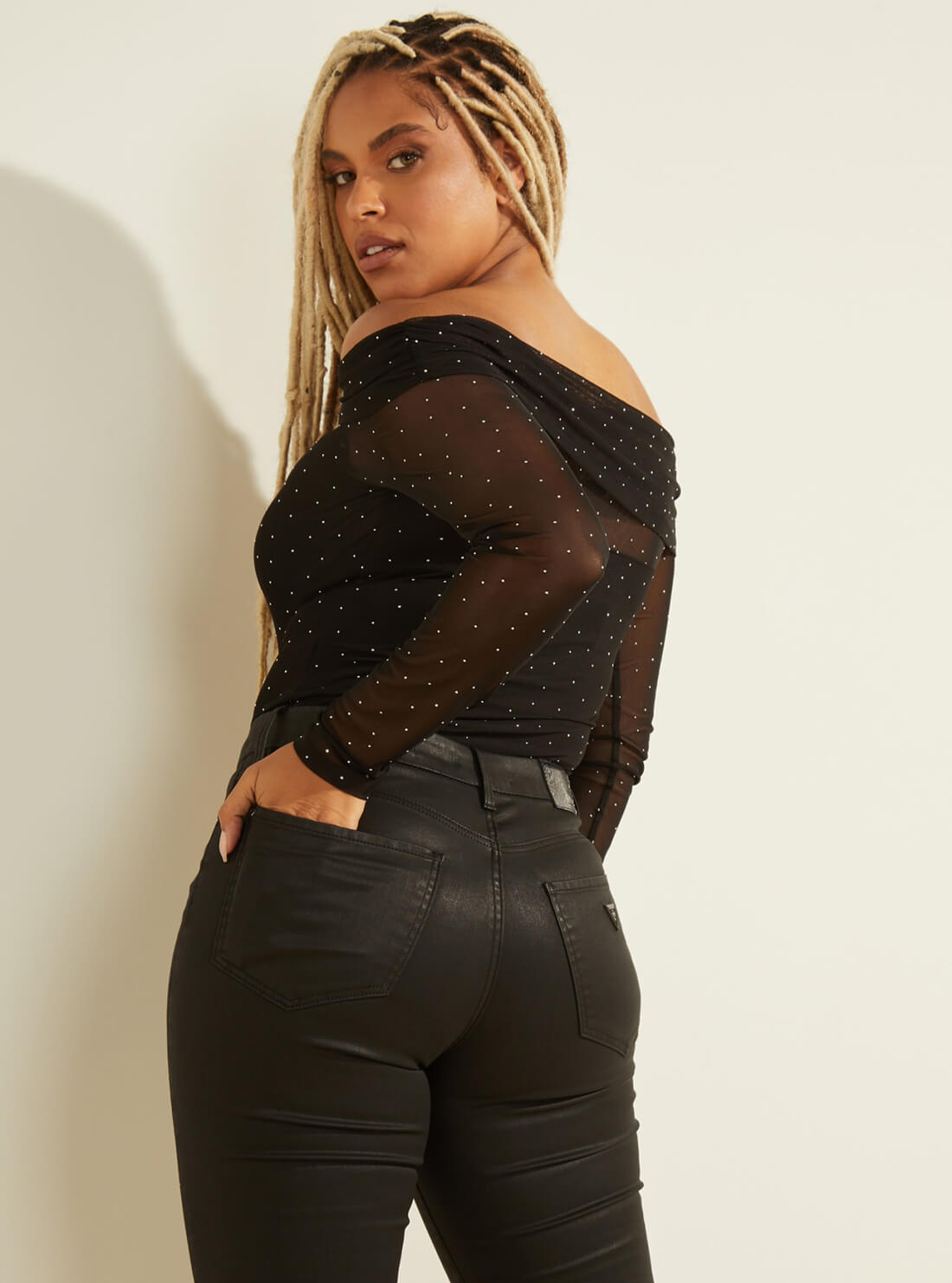 GUESS Womens Black Alice Dotted Top W1YP0AKAQO0 Back View