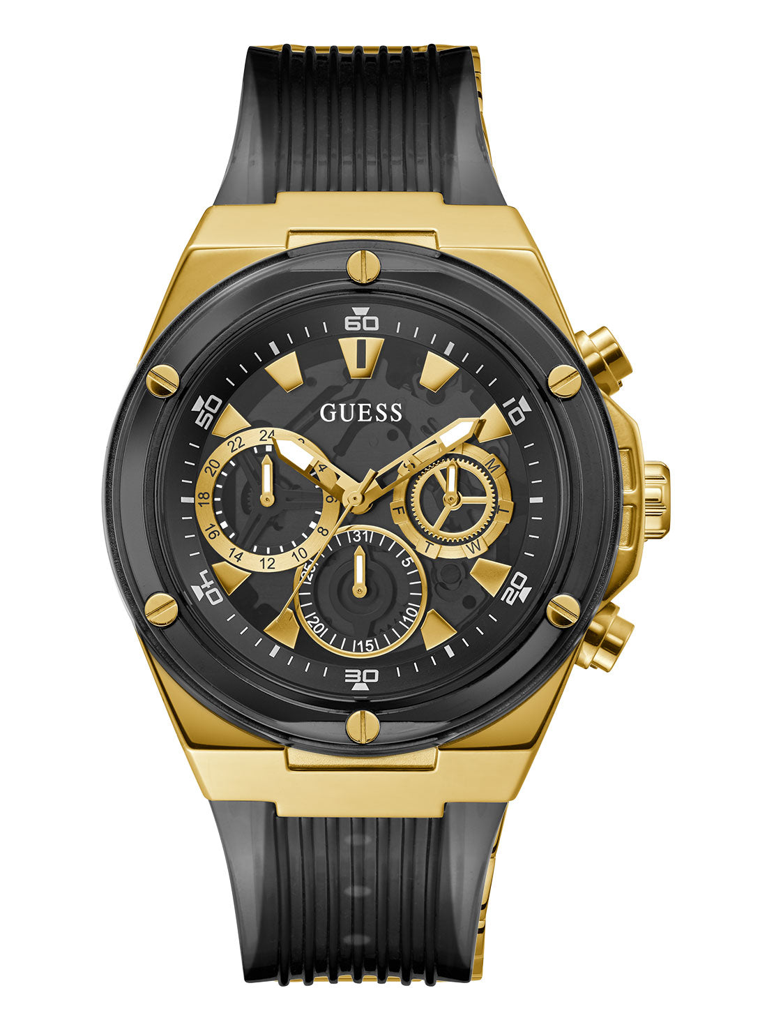 GUESS Mens Black And Gold Poseidon Watch GW0425G1 Front View