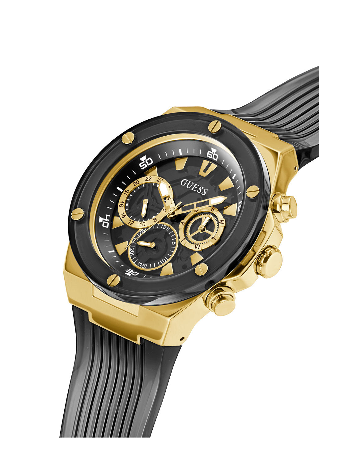 GUESS Mens Black And Gold Poseidon Watch GW0425G1 Side Angle View