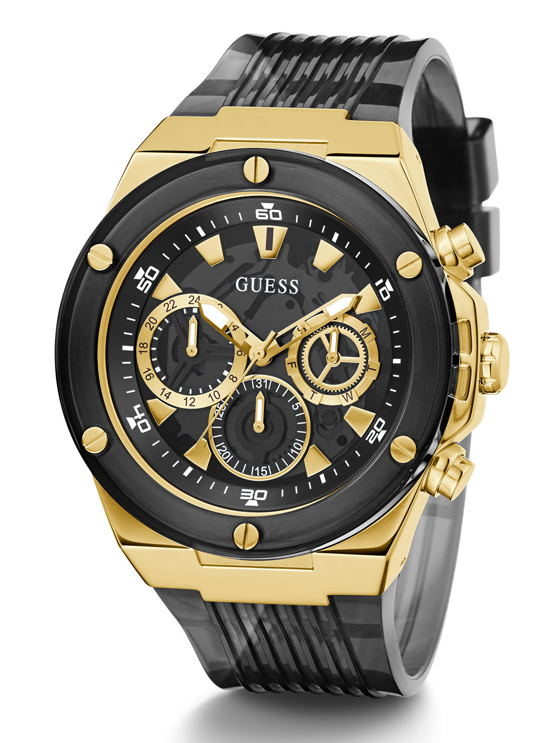 GUESS Mens Black And Gold Poseidon Watch GW0425G1 Front Side View