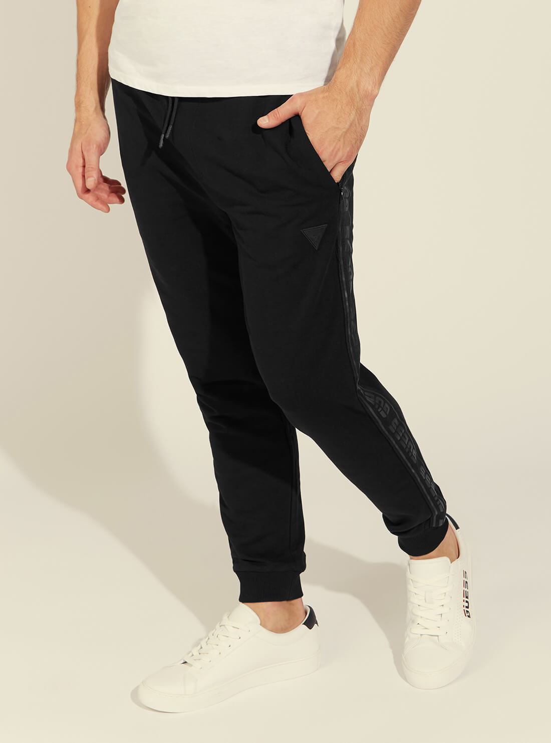 GUESS Mens Black Logo Relaxed Trackpants U1GA11K6ZS1 Side View