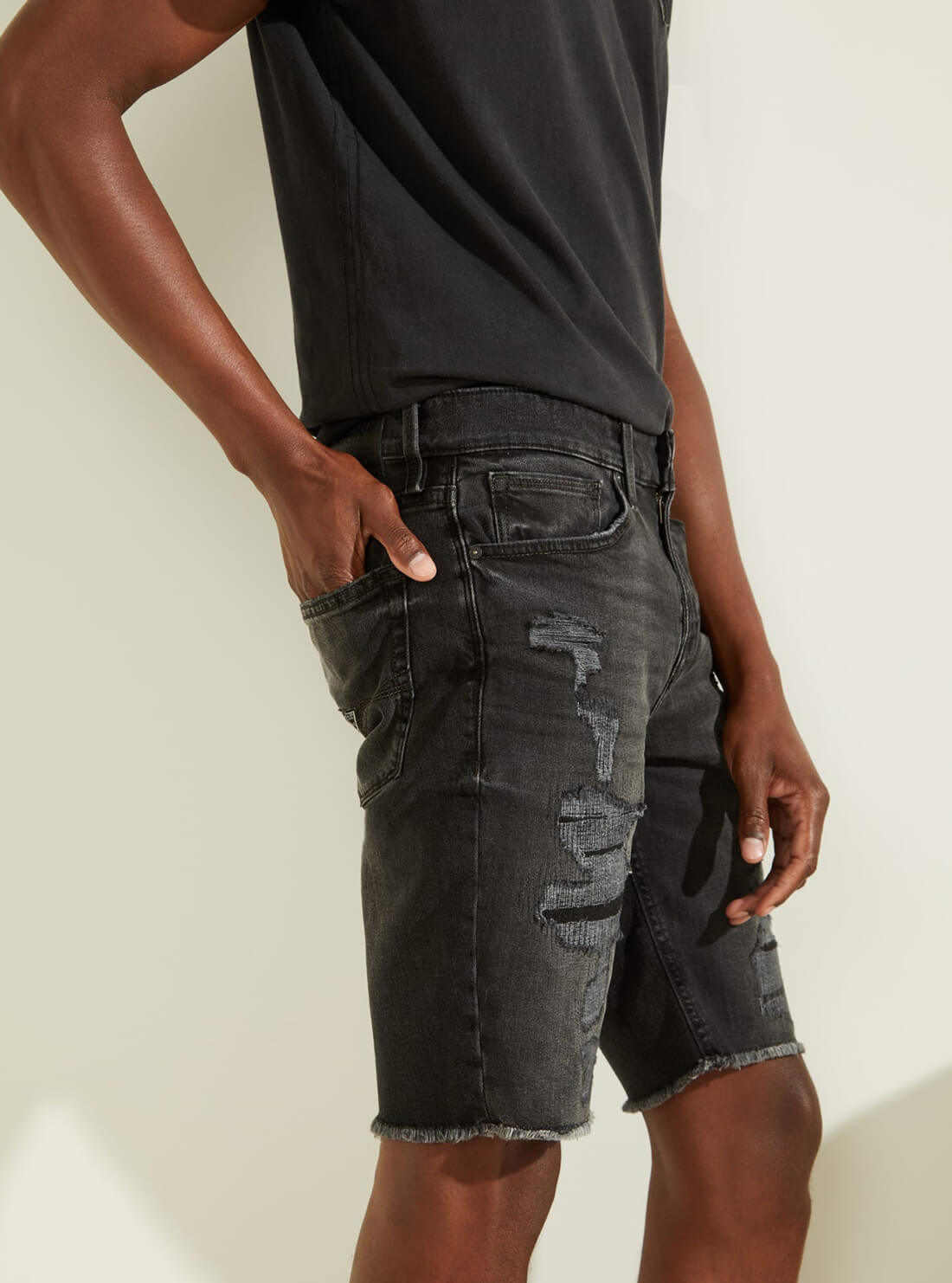 GUESS Mens Black Slim Denim Shorts M1YAV3R1KB2 Side View