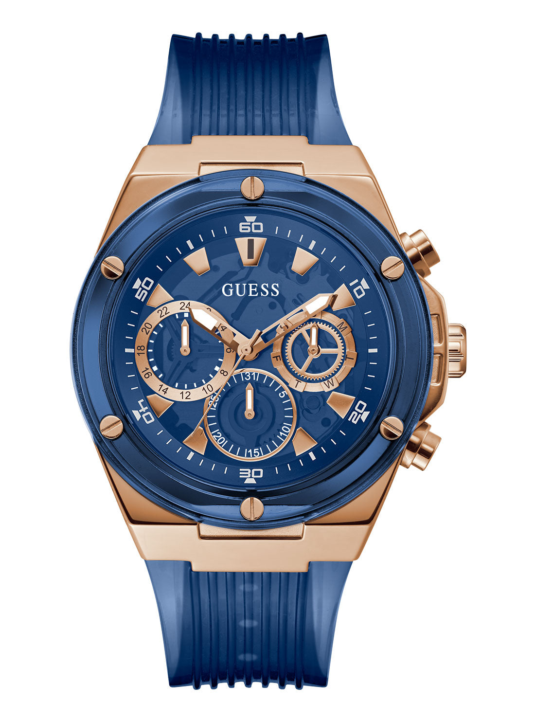 GUESS Mens Blue And Rose Gold Poseidon Watch GW0425G3 Front View