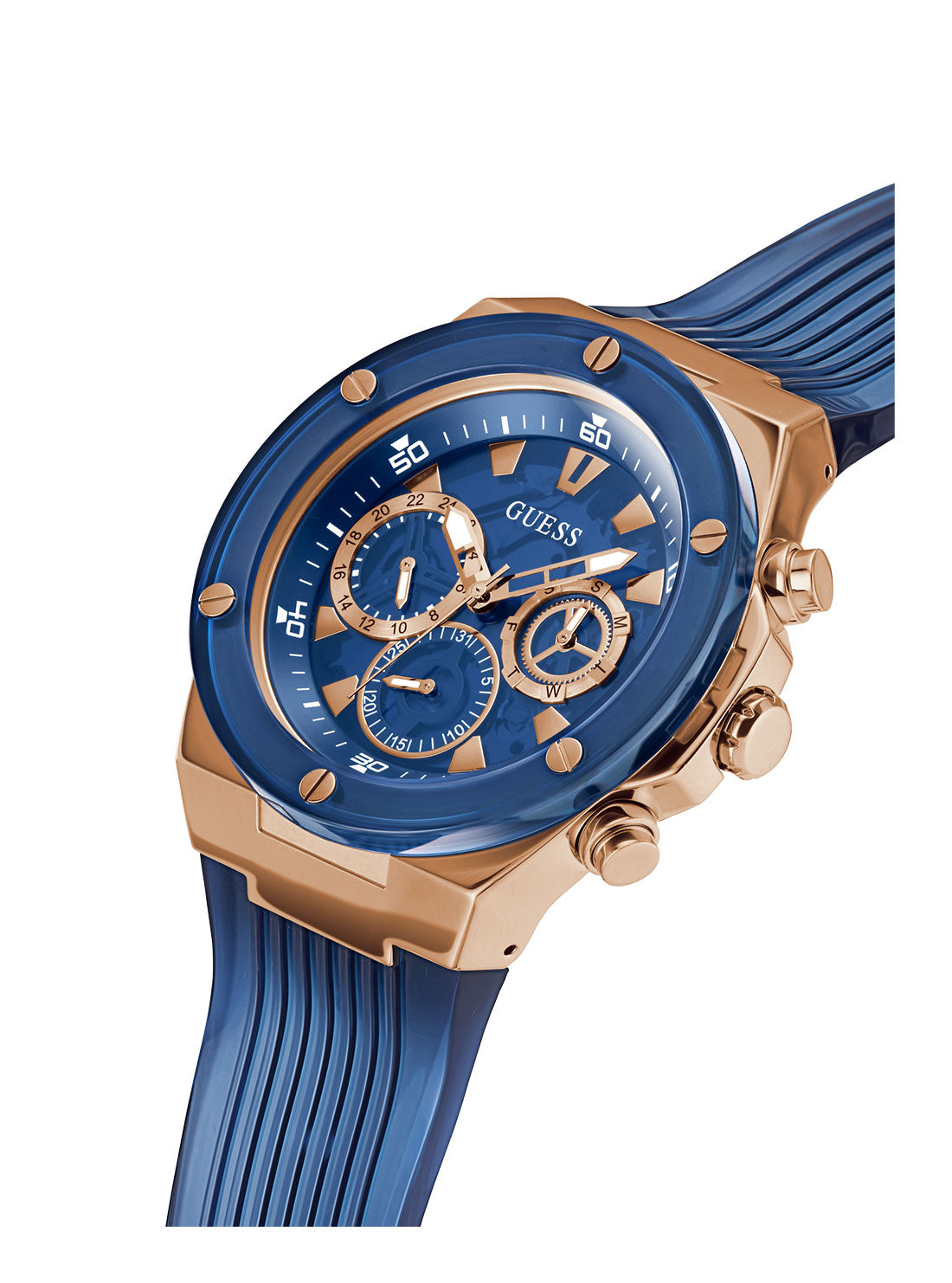 GUESS Mens Blue And Rose Gold Poseidon Watch GW0425G3 Side Angle View