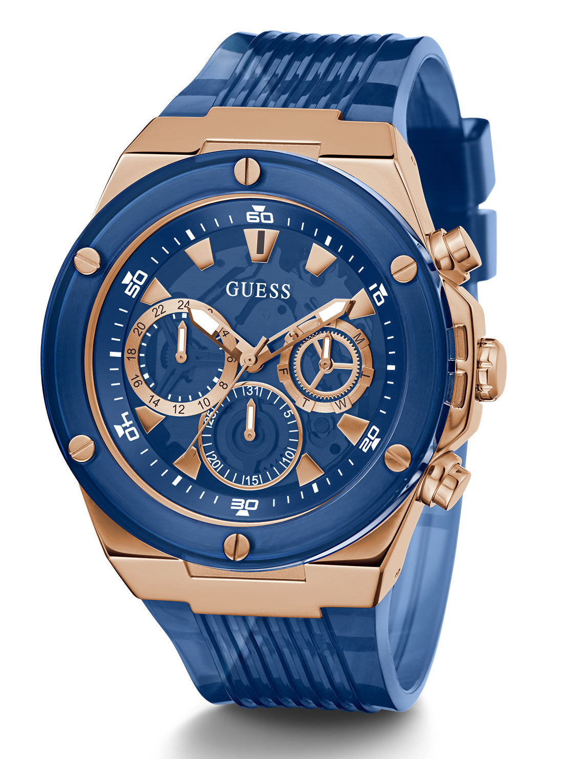 GUESS Mens Blue And Rose Gold Poseidon Watch GW0425G3 Side View