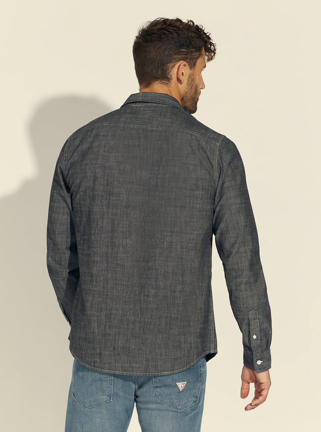 GUESS Mens Dark Indigo Classic Vintage Chambray Shirt M1BH00RE2G0 Back View