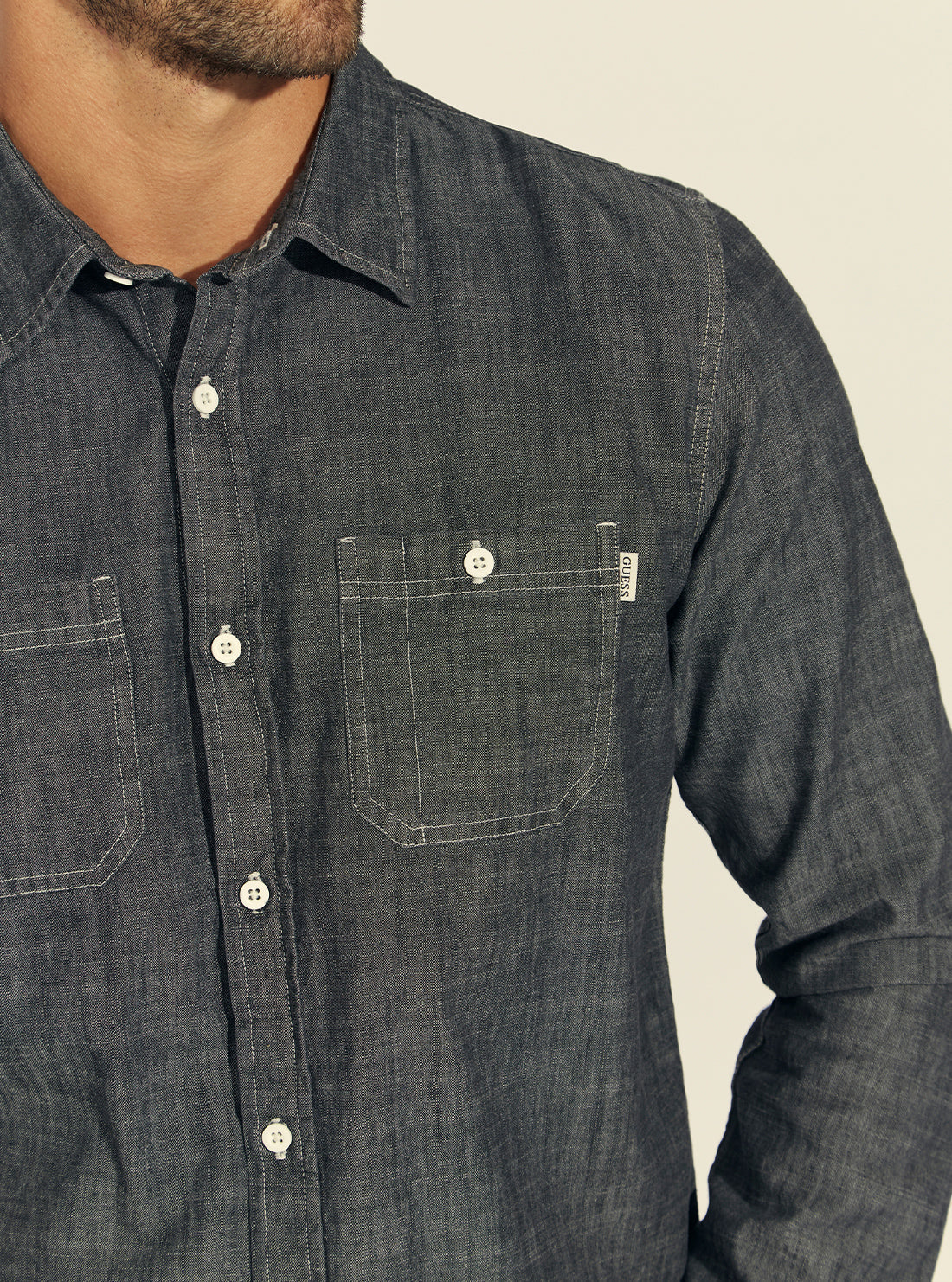 GUESS Mens Dark Indigo Classic Vintage Chambray Shirt M1BH00RE2G0 Detail View