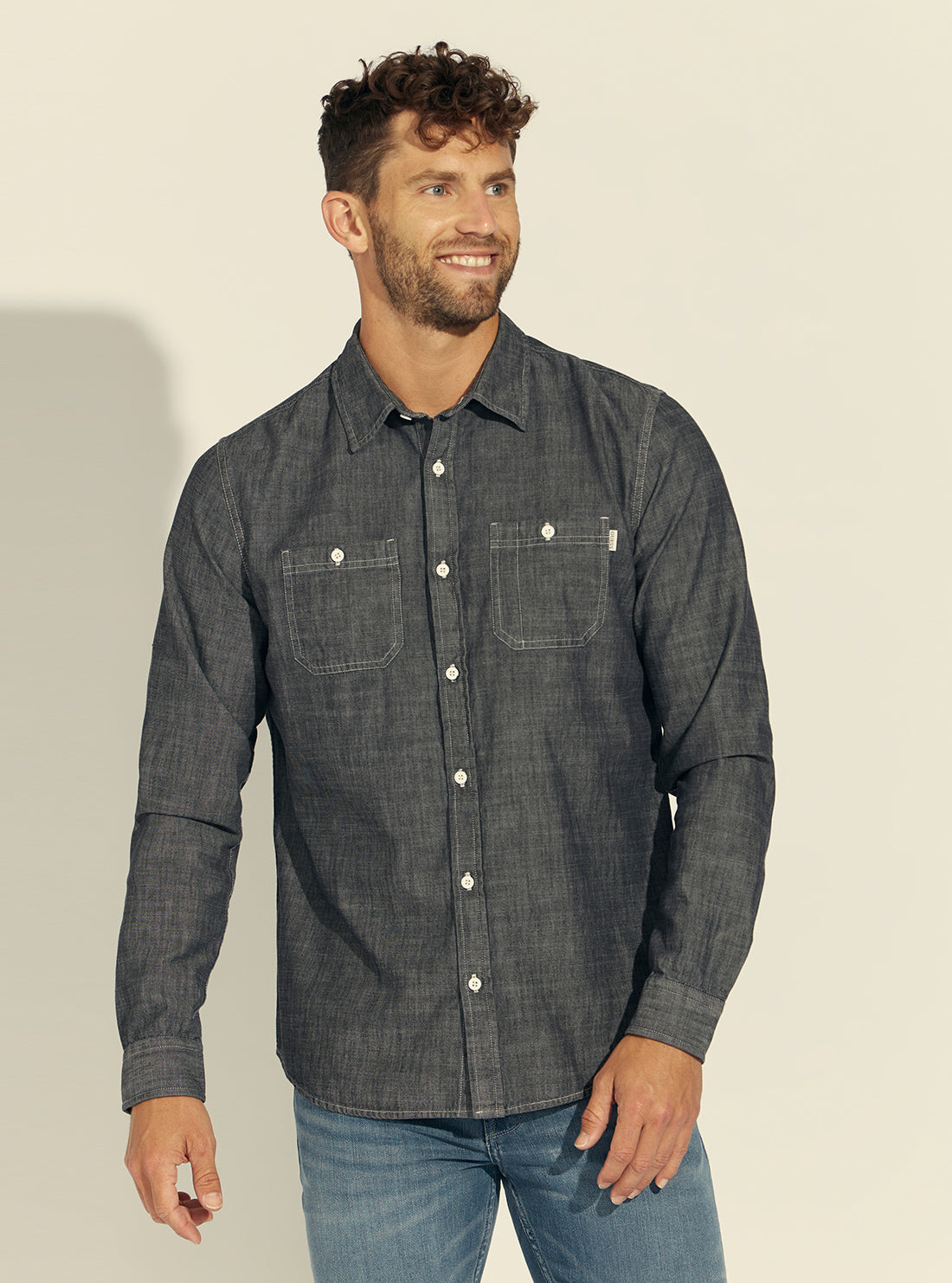 GUESS Mens Dark Indigo Classic Vintage Chambray Shirt M1BH00RE2G0 Front View