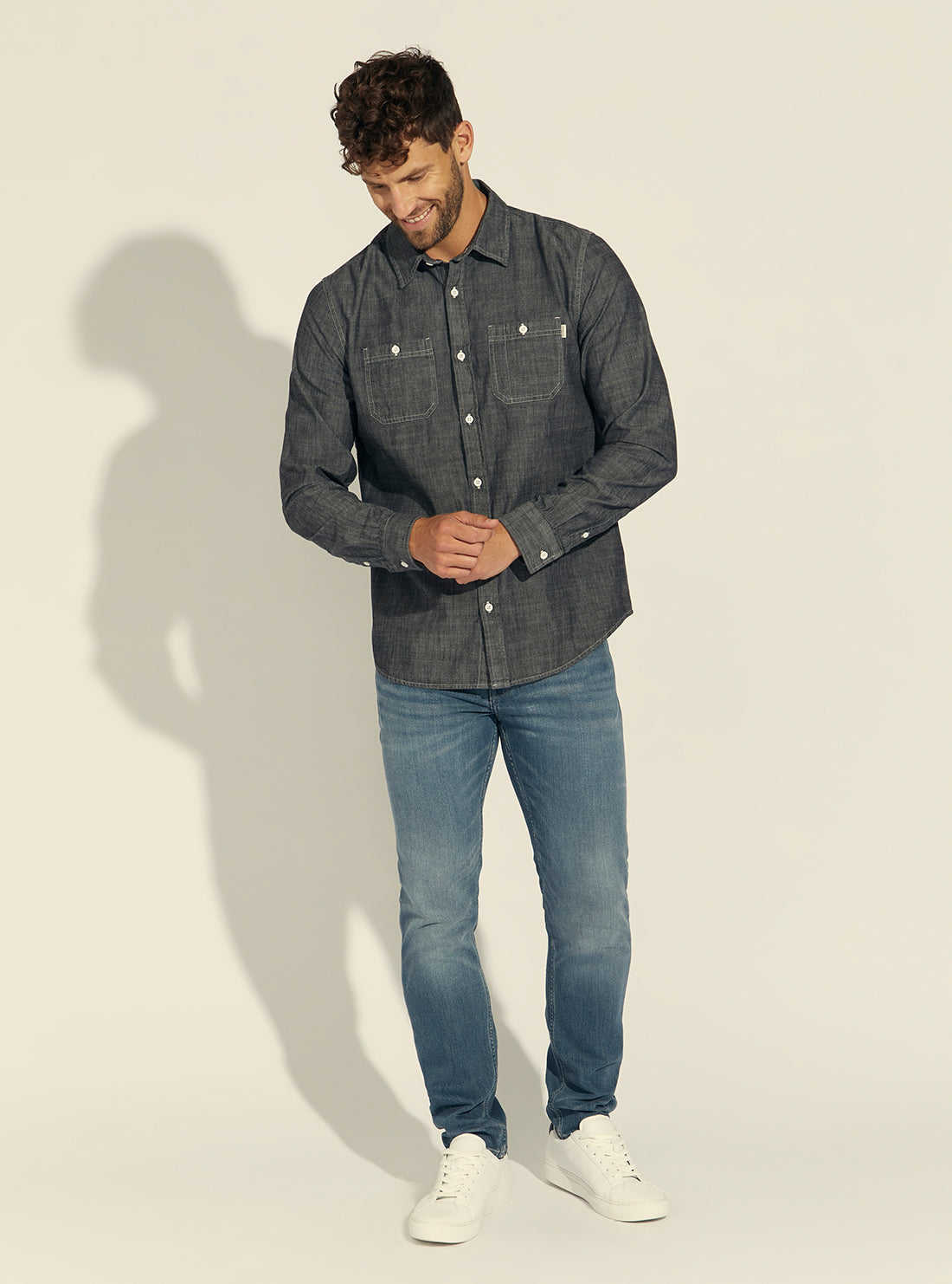 GUESS Mens Dark Indigo Classic Vintage Chambray Shirt M1BH00RE2G0 Full View