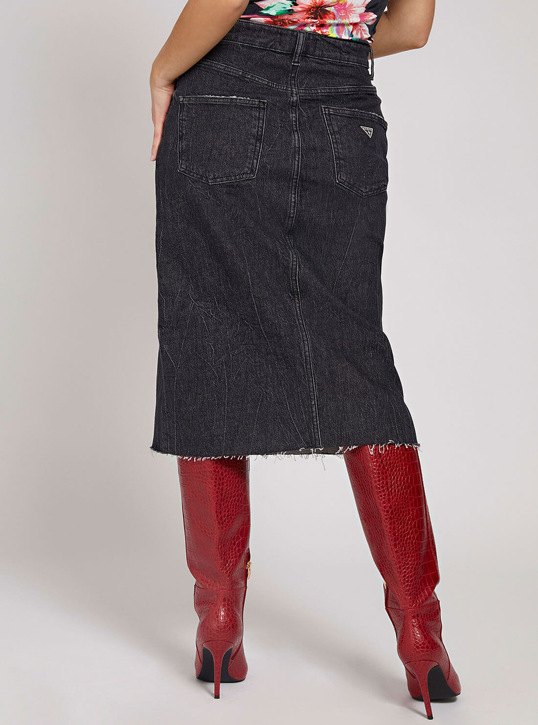 GUESS Womens Denim Noelia Midi Skirt In Black Wash W1YD90D3YG4 Back View