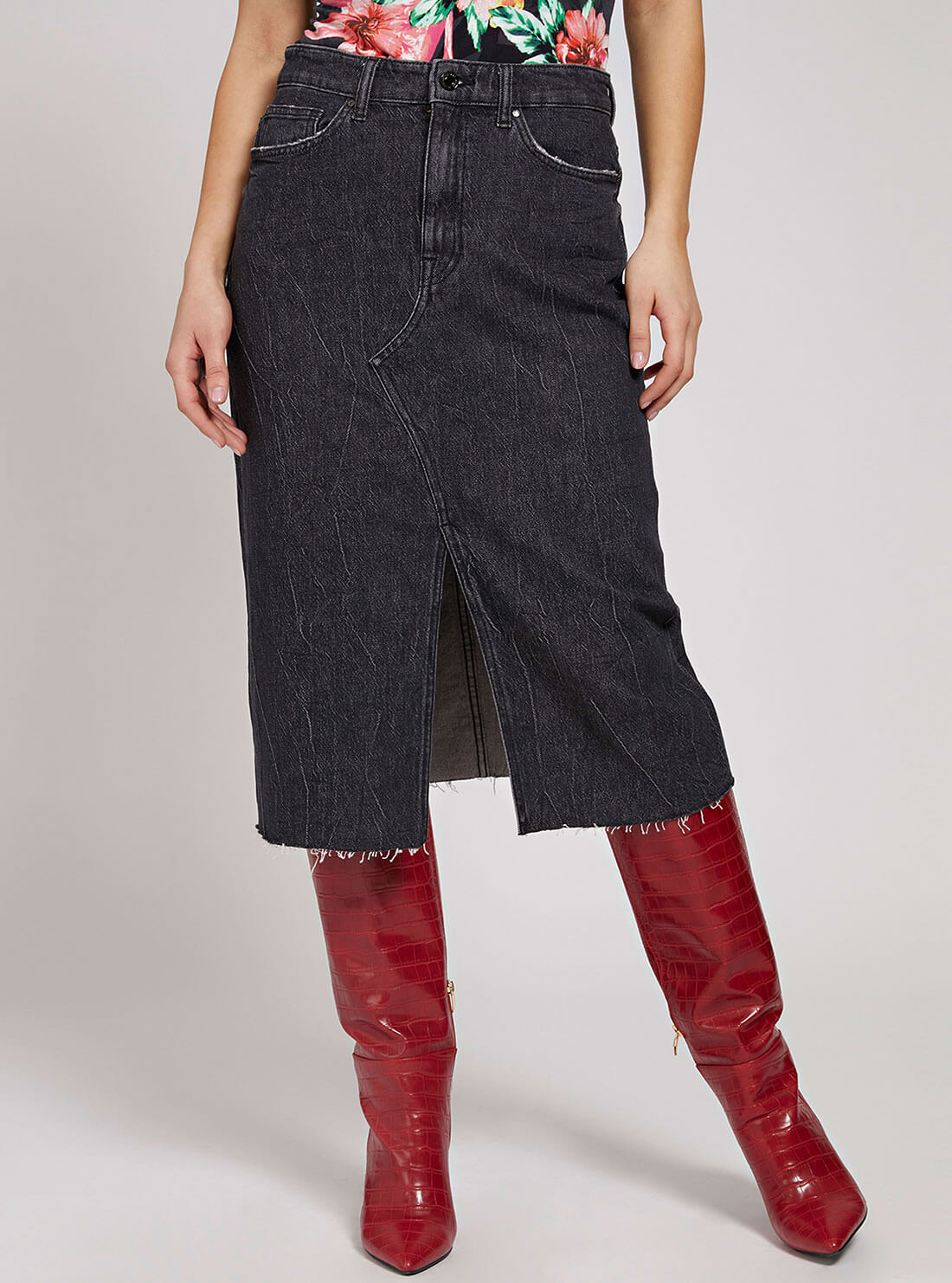 GUESS Womens Denim Noelia Midi Skirt In Black Wash W1YD90D3YG4 Front View
