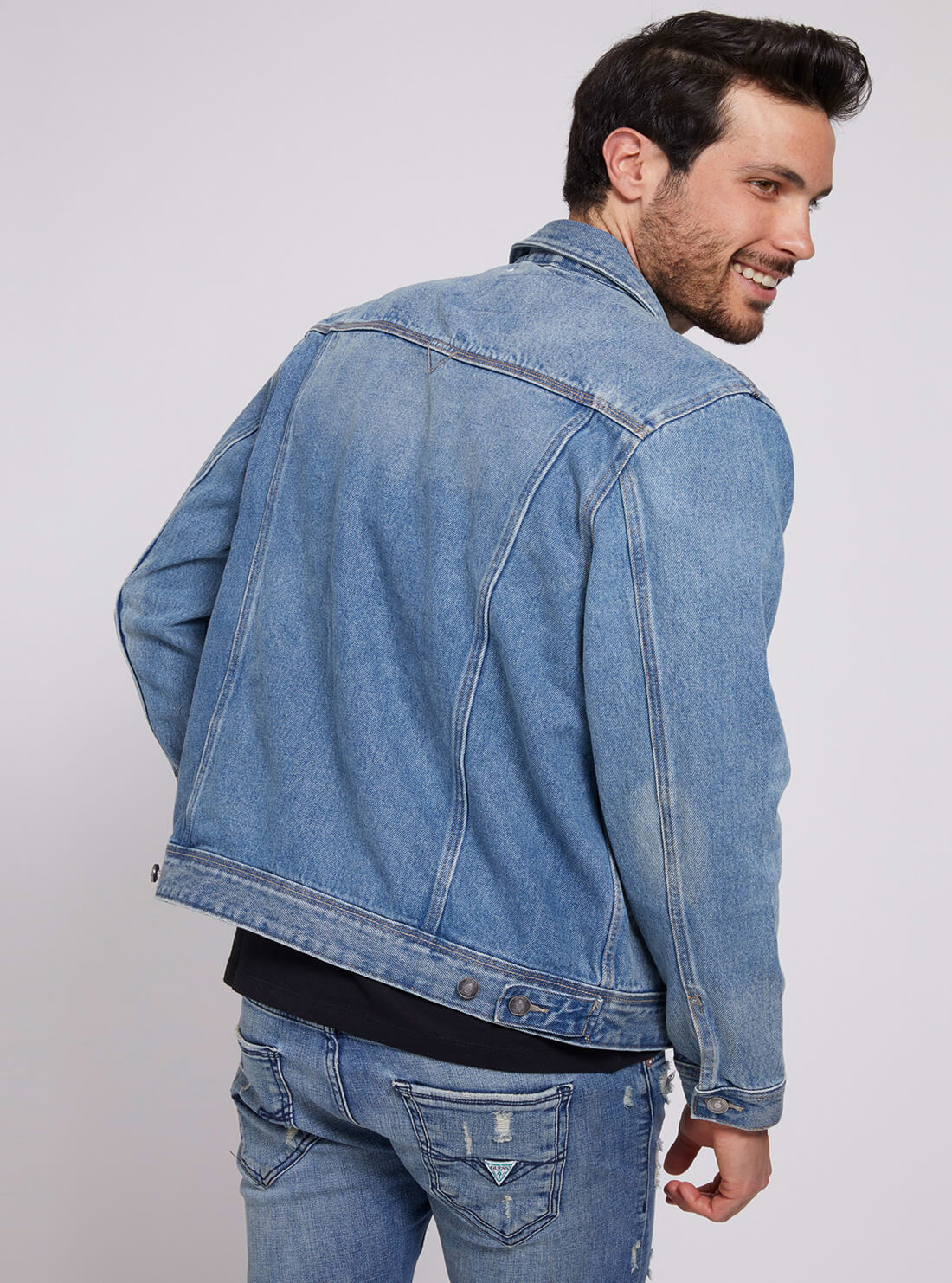 GUESS Mens Denim Dillion Jacket in Vintage Blue Wash M1GXN1R48K0 Back View