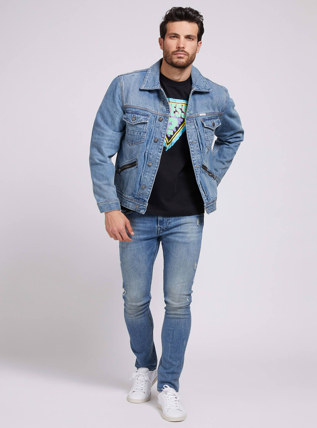 GUESS Mens Denim Dillion Jacket in Vintage Blue Wash M1GXN1R48K0 Full View