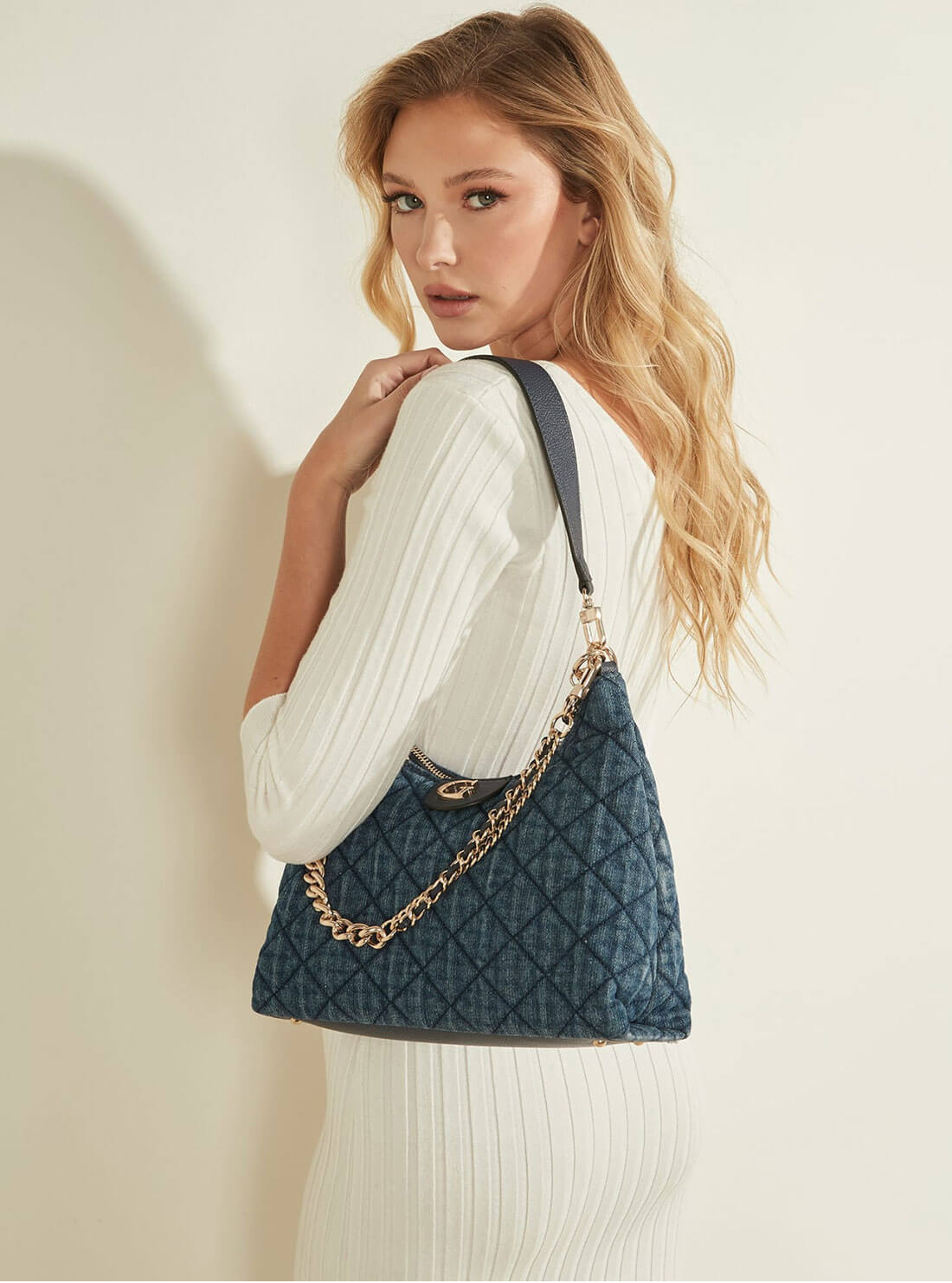 GUESS Women's Blue Denim Gillian Hobo Satchel DG839402 Lifestyle View
