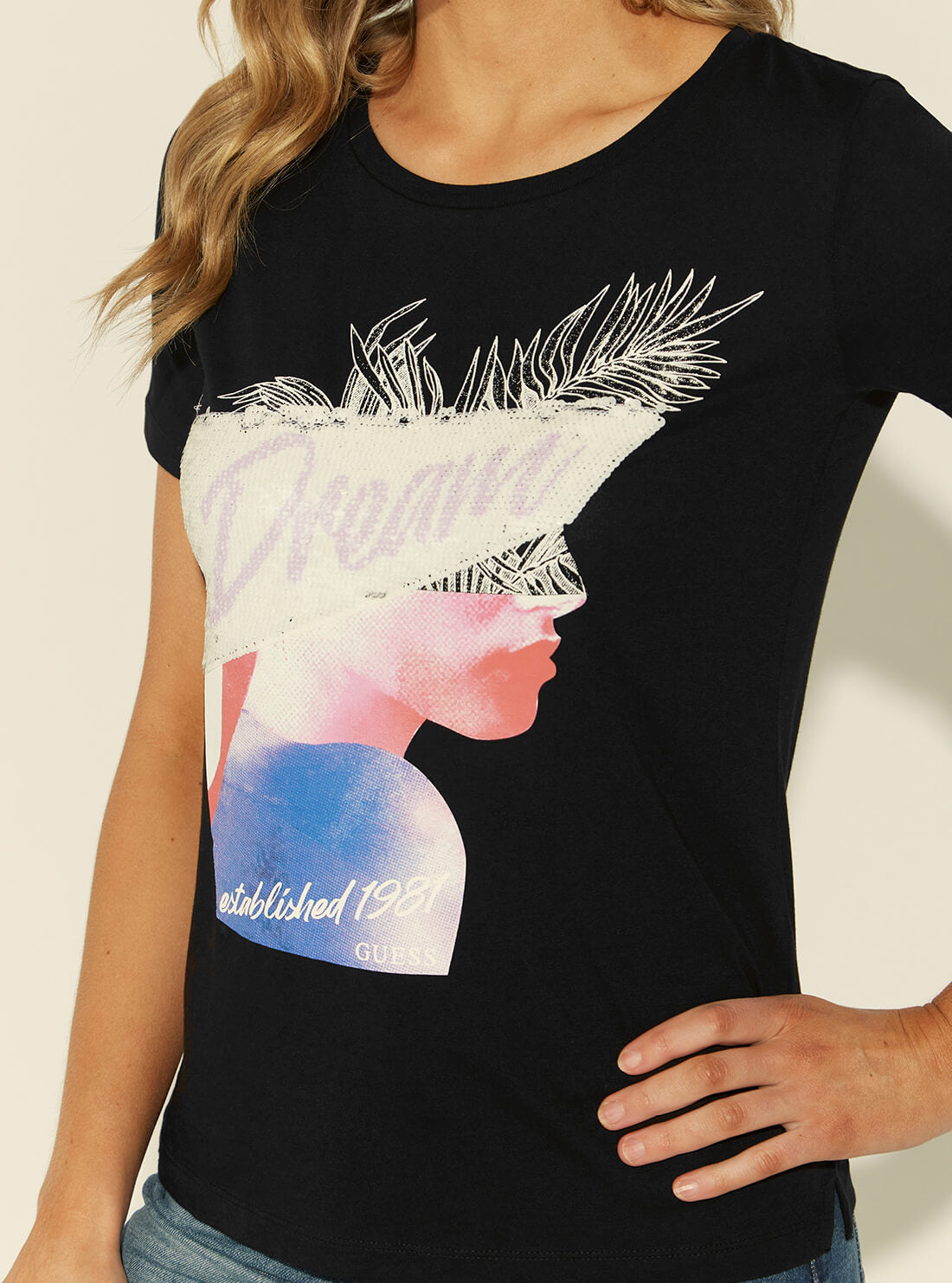 GUESS Womens Black Graphic Print Dream Cassandra T-Shirt W1YI0FK46D1 Detail View