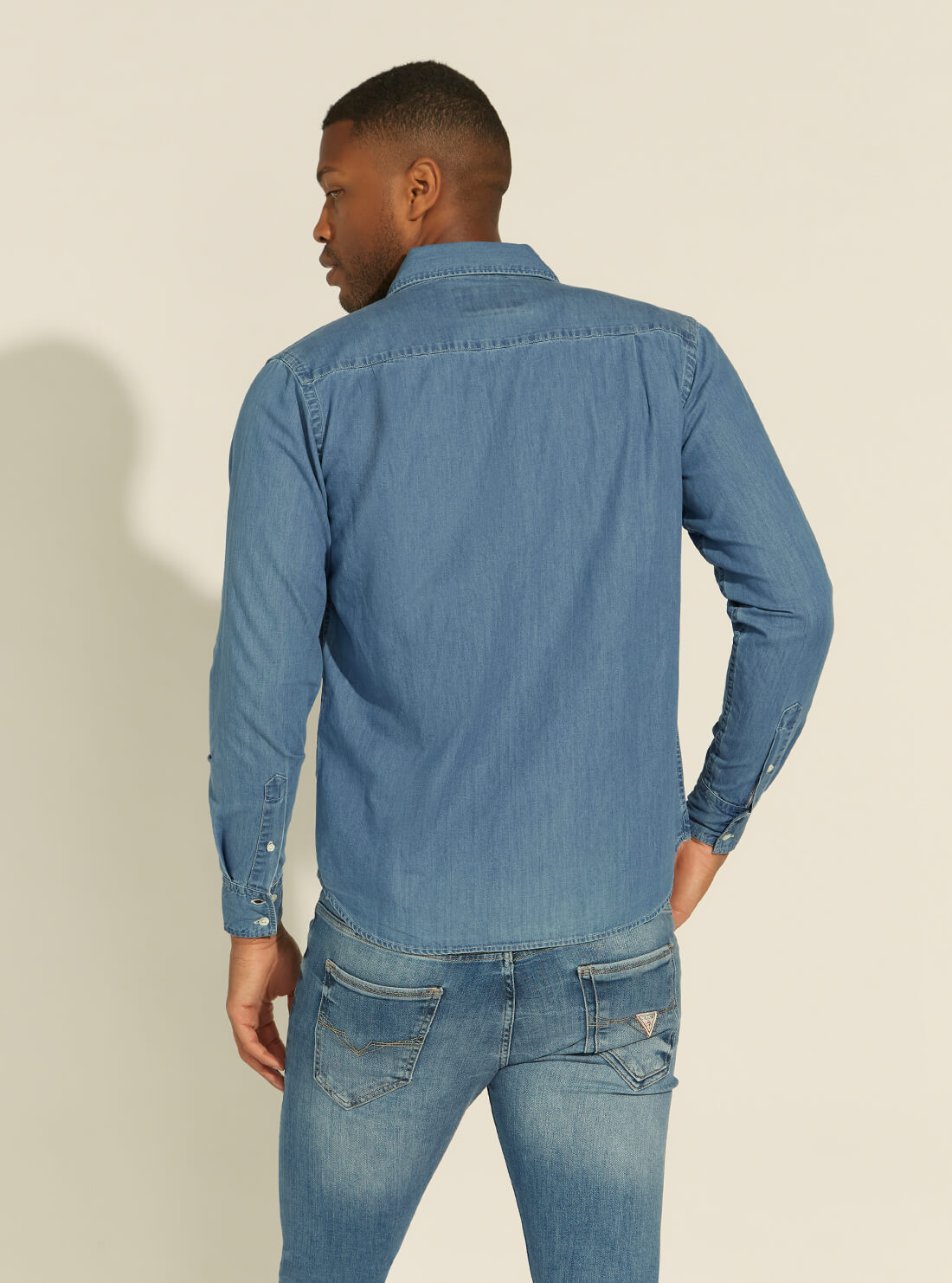 GUESS Mens Dylan Classic Blue Denim Shirt  M1YH00D4DW1 Back View